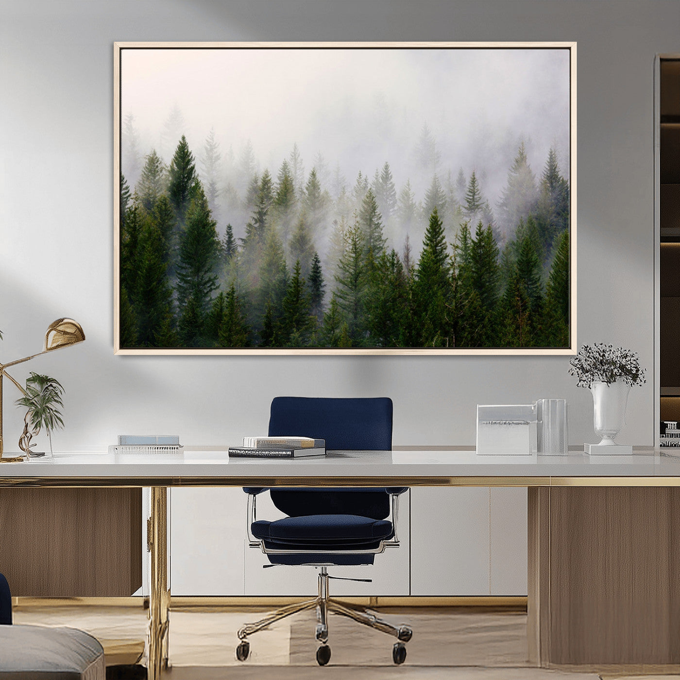MGV-FC-36X24 - Misty Pine Forest Wall Art Canvas Print | 3 Panel Green Woodland Canvas Print for Living Room, Office, or Dining Room | Nature Foggy Forest Decor