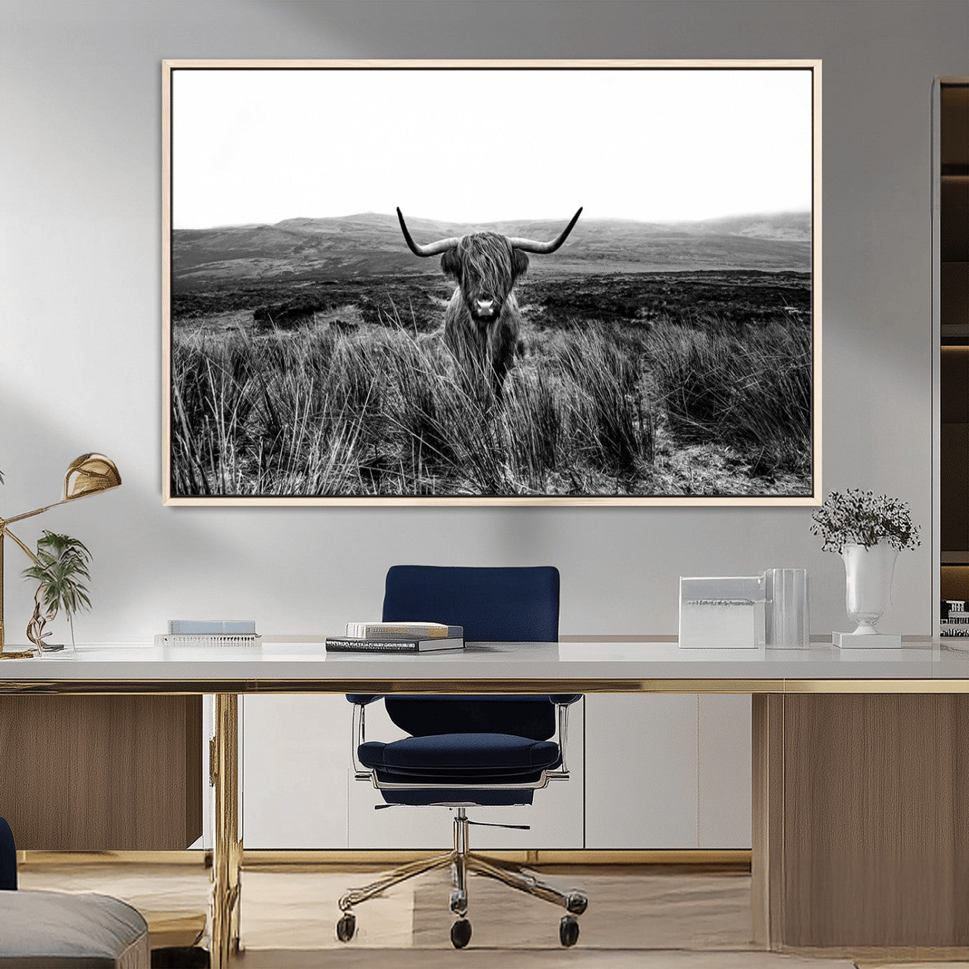 MGV-FC-36X24 - Black and White Highland Cow Canvas Wall Art, Longhorn Triptych Western Wall Decor for Cabin -