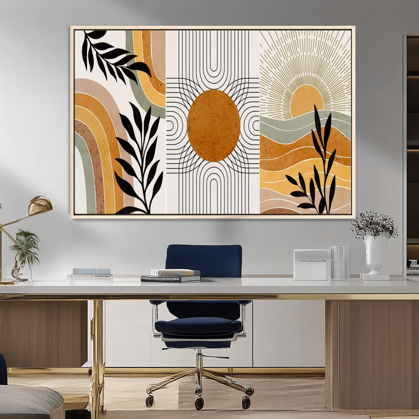 MGV-FC-36X24 - Modern Boho Sun and Leaf Abstract Art – 3-Panel Giclée Canvas for Mid-Century Modern or Bohemian