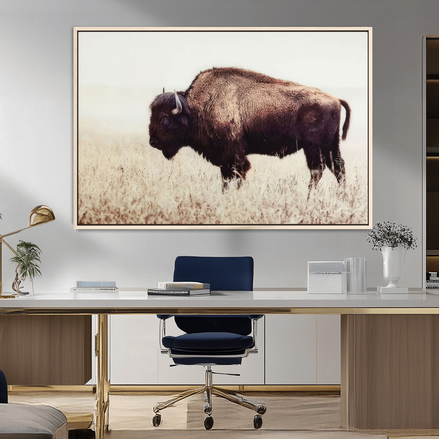 MGV-FC-36X24 - Bison in Field Wall Art Canvas Print For Farmhouse Barn Decor