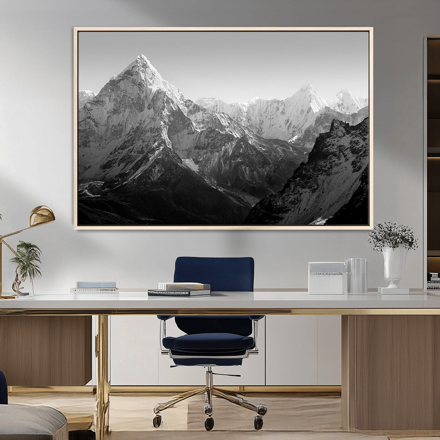 MGV-FC-36X24 - Everest Himalaya Mountain Peaks Black & White Triptych Canvas Art – Mountain Wall Decor for Minimalist Interiors