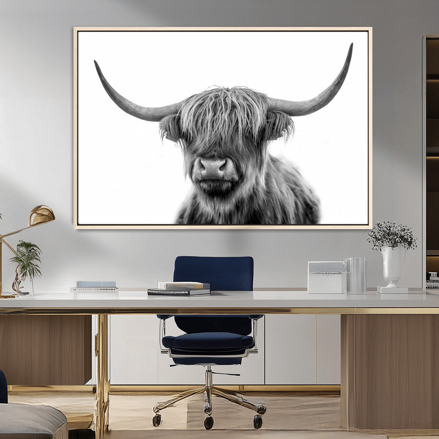MGV-FC-36X24 - Grayscale Scottish Highland Cow Cattle Art Print Farmhouse Wall Art Canvas Print