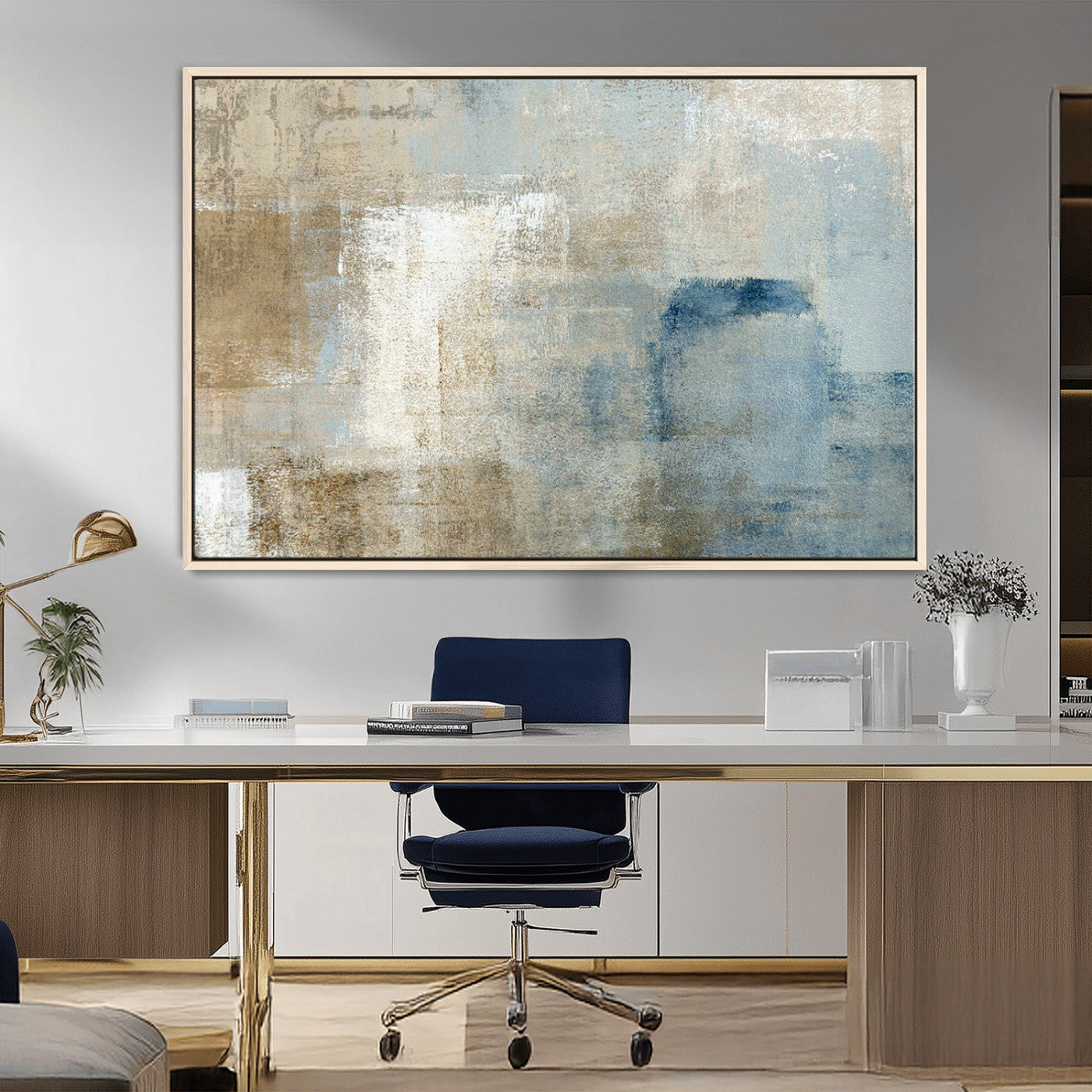 MGV-FC-36X24 - Abstract Blue and Beige Wall Art, Modern Minimalist Canvas Print Set, Giclee Textured Art, Large Multi-Panel Artwork for Living Room