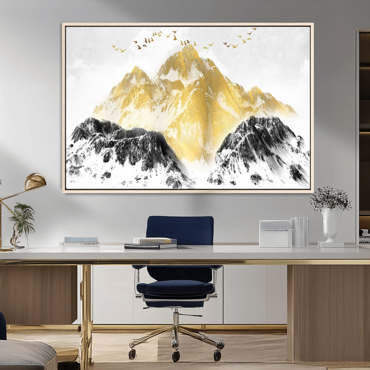 MGV-FC-36X24 - Golden Mountain Triptych Wall Art, Modern Giclee Canvas Print, Nature Landscape Decor for Living Room, Contemporary Gold and Black Wall Art