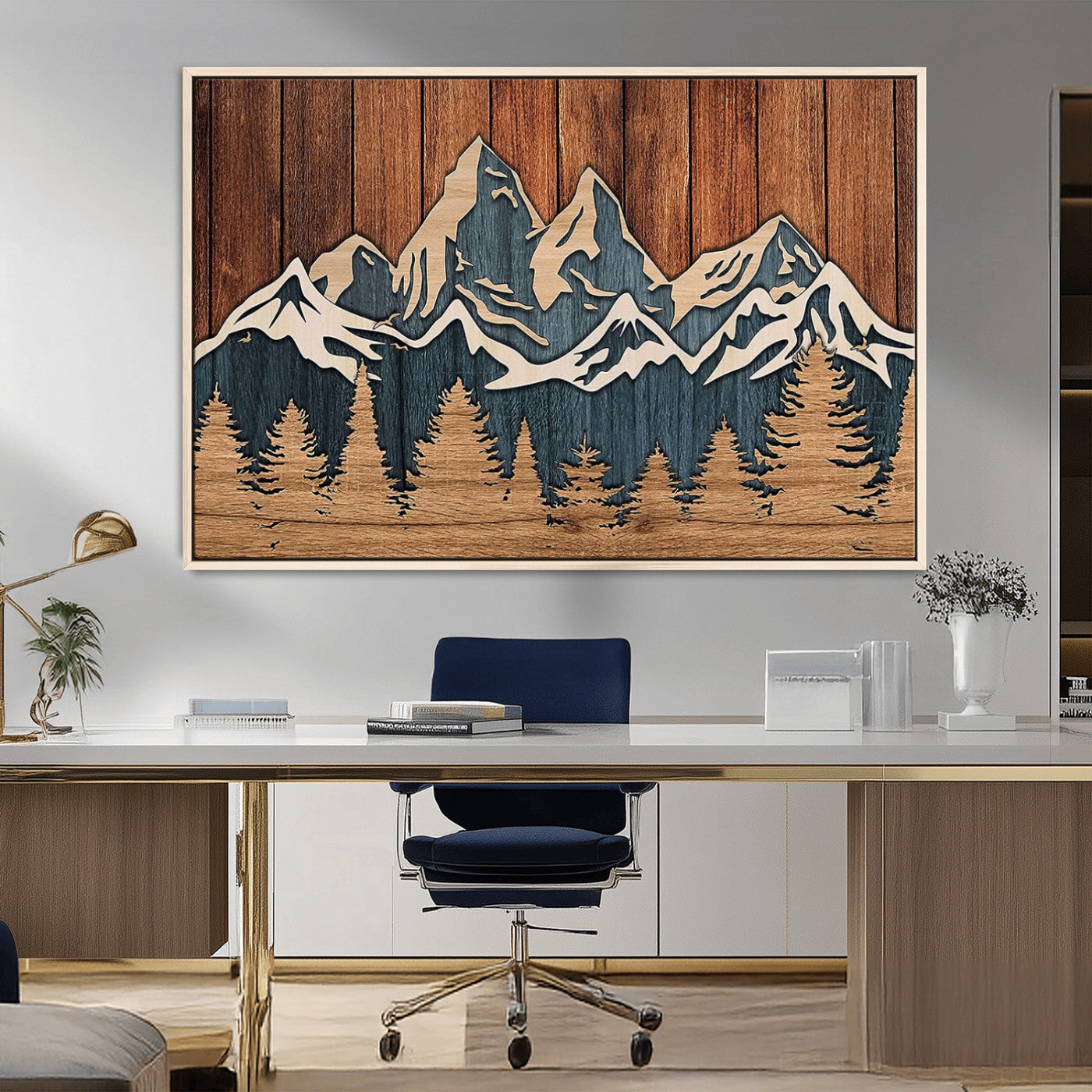 MGV-FC-36X24 - Rustic Wood Style Mountain Wall Art, Nature Forest Canvas Print, Wooden Textured Mountain Artwork, Handcrafted Landscape Decor for Farmhouse Decor