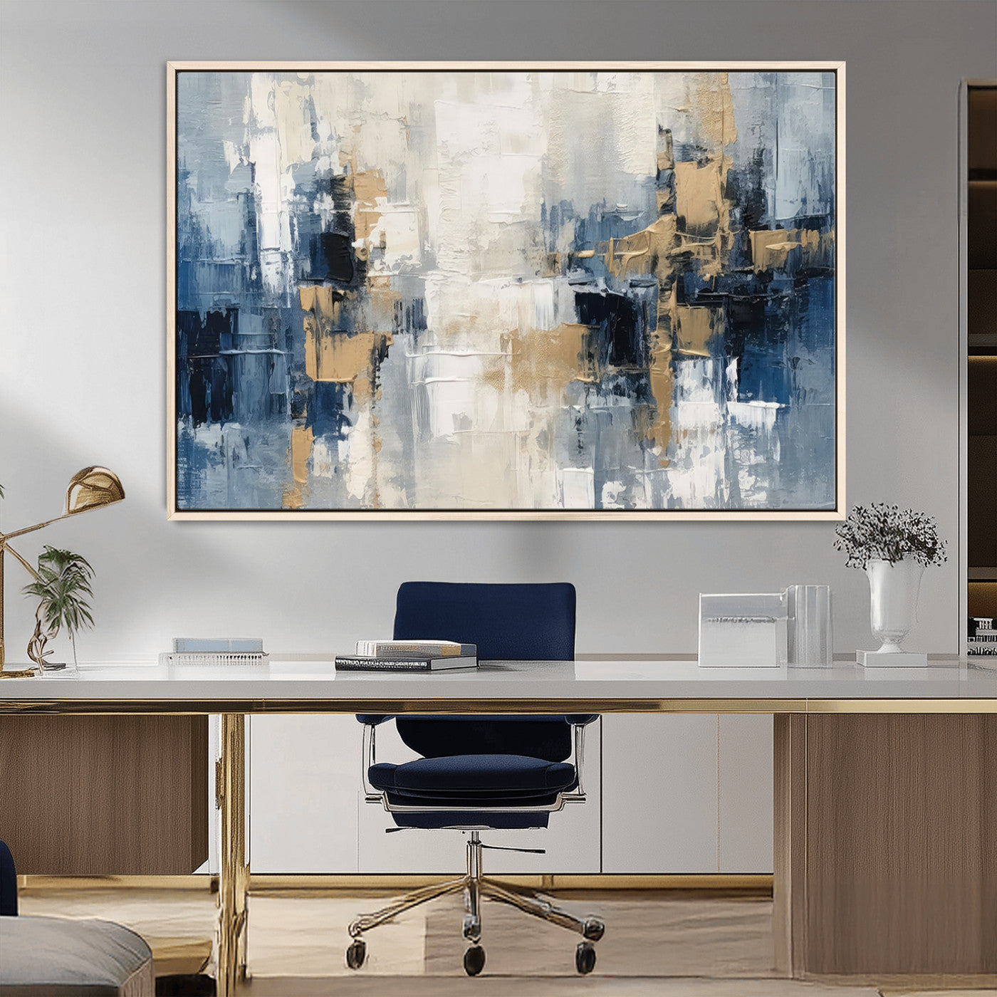 -Modern Abstract Canvas Wall Art in Blue and Gold Tones | Large Contemporary Art for Living Room,