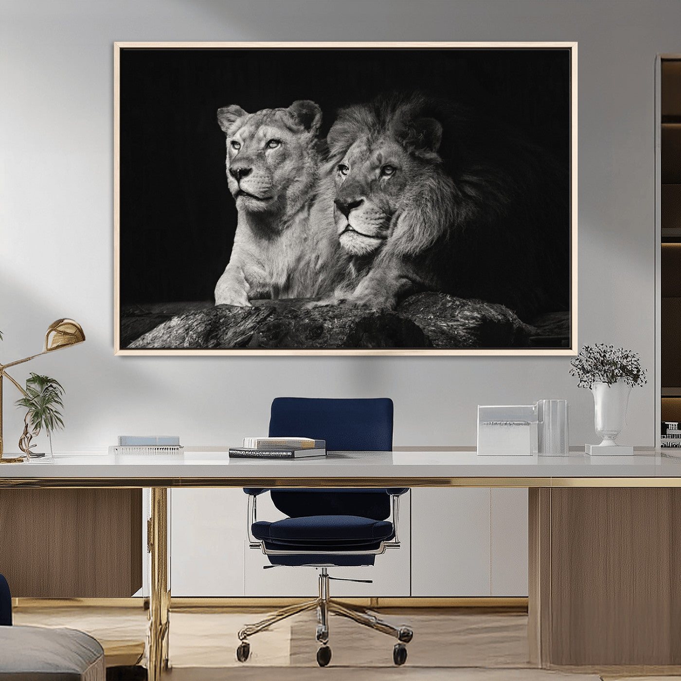 MGV-FC-36X24 - Lion Couple Canvas Wall Art Print – Elegant Wildlife Portrait in Black and White Lion Family – Ready to Hang