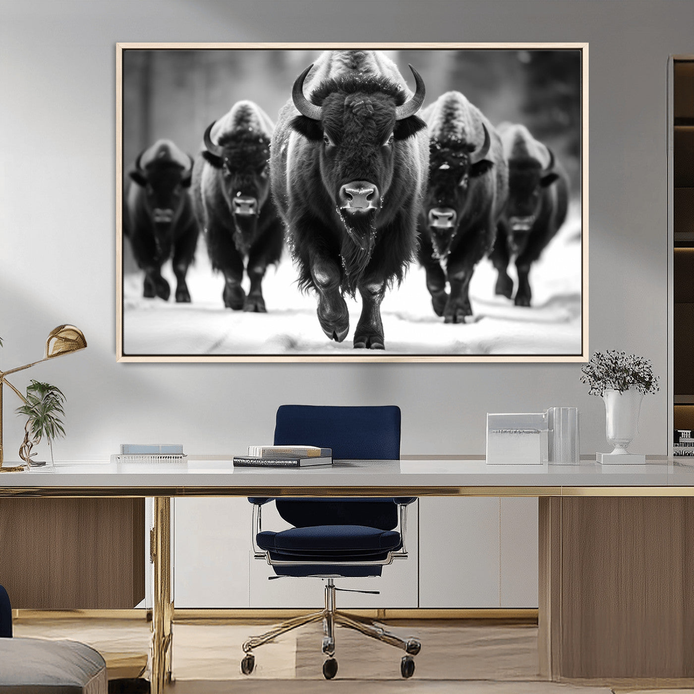 MGV-FC-36X24 - American Bison Art | Buffalo Herd Wall Art Canvas Print, BW American Bison Herd Wall Art Canvas Print
