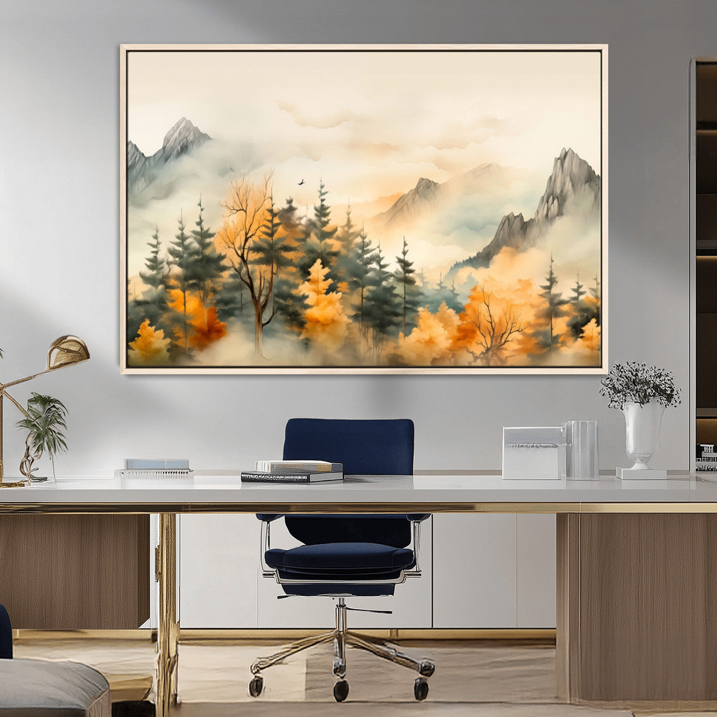 MGV-FC-36X24 - Abstract Watercolor Mountains and Trees Autumn Art, Watercolor Mountains and Trees Canvas Print