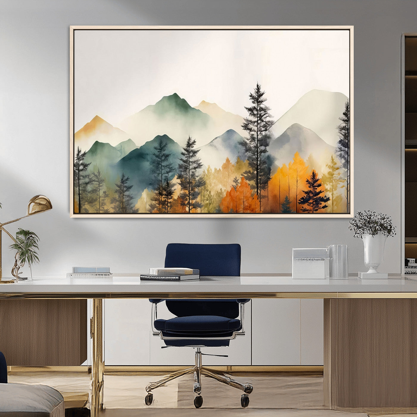 MGV-FC-36X24 - Abstract Watercolor Mountains and Trees Autumn Wall Art, Mountains and Trees Autumn Wall Art Canvas