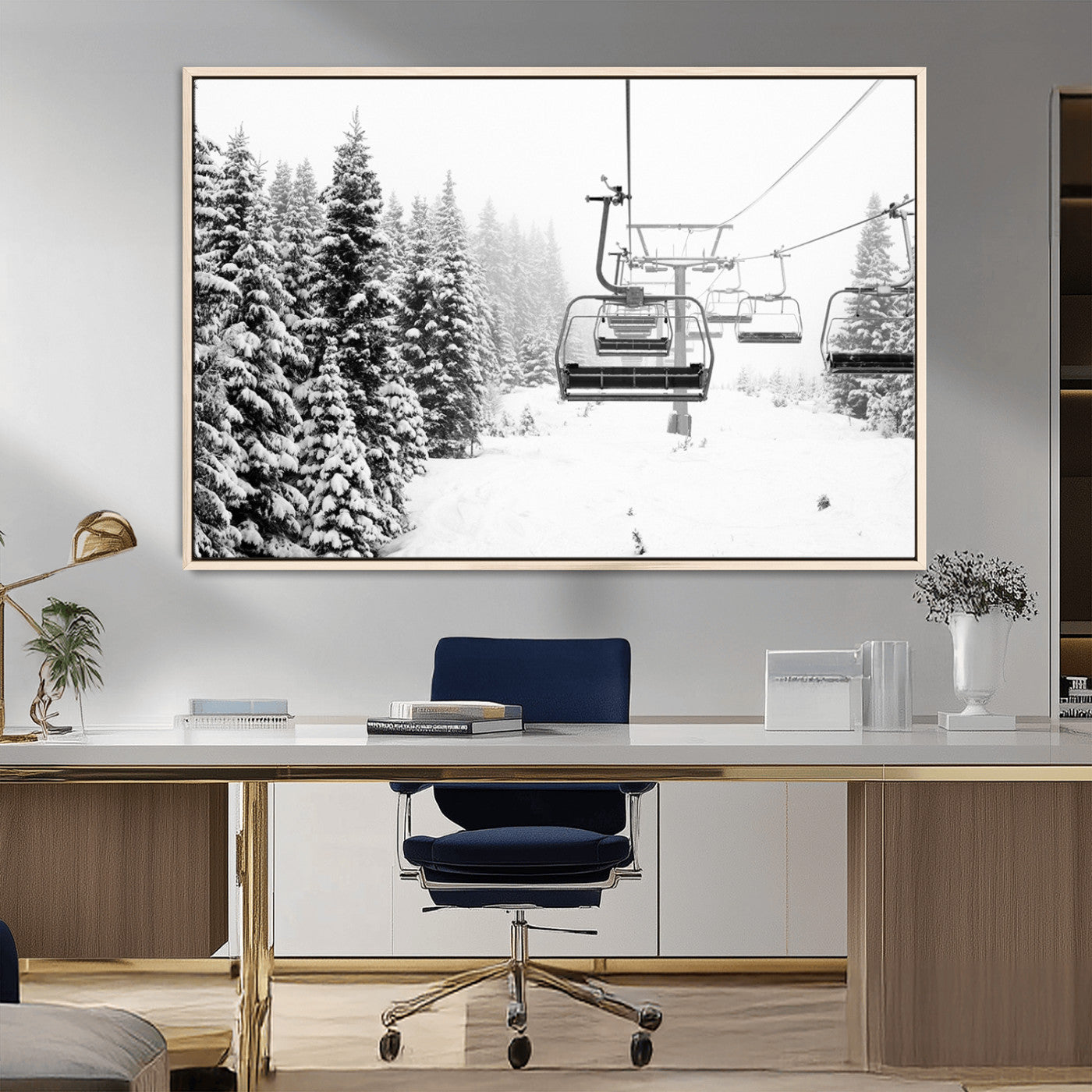 MGV-FC-36X24 - Winter Forest Wall Art Canvas Print, Framed Snowy Forest Art Picture Print, Winter Ski Lift Perfect