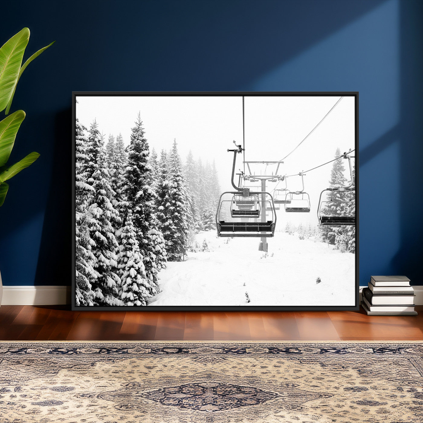 70609-MGV-CV-36X24 - Winter Forest Wall Art Canvas Print, Framed Snowy Forest Art Picture Print, Winter Ski Lift Perfect