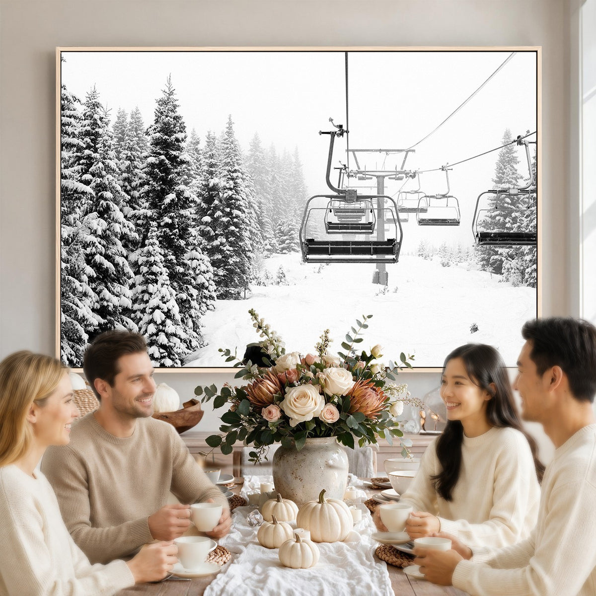 Ski Wall Art | Ski Lift Canvas Print with Snow Covered Spruce Trees, Winter Ski Resort Wall Art
