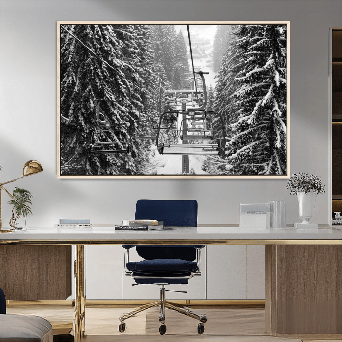 MGV-FC-36X24 - Winter Ski Lift Black and White Canvas Wall Art – Alpine Escape in Minimalist Style – Ready to Hang