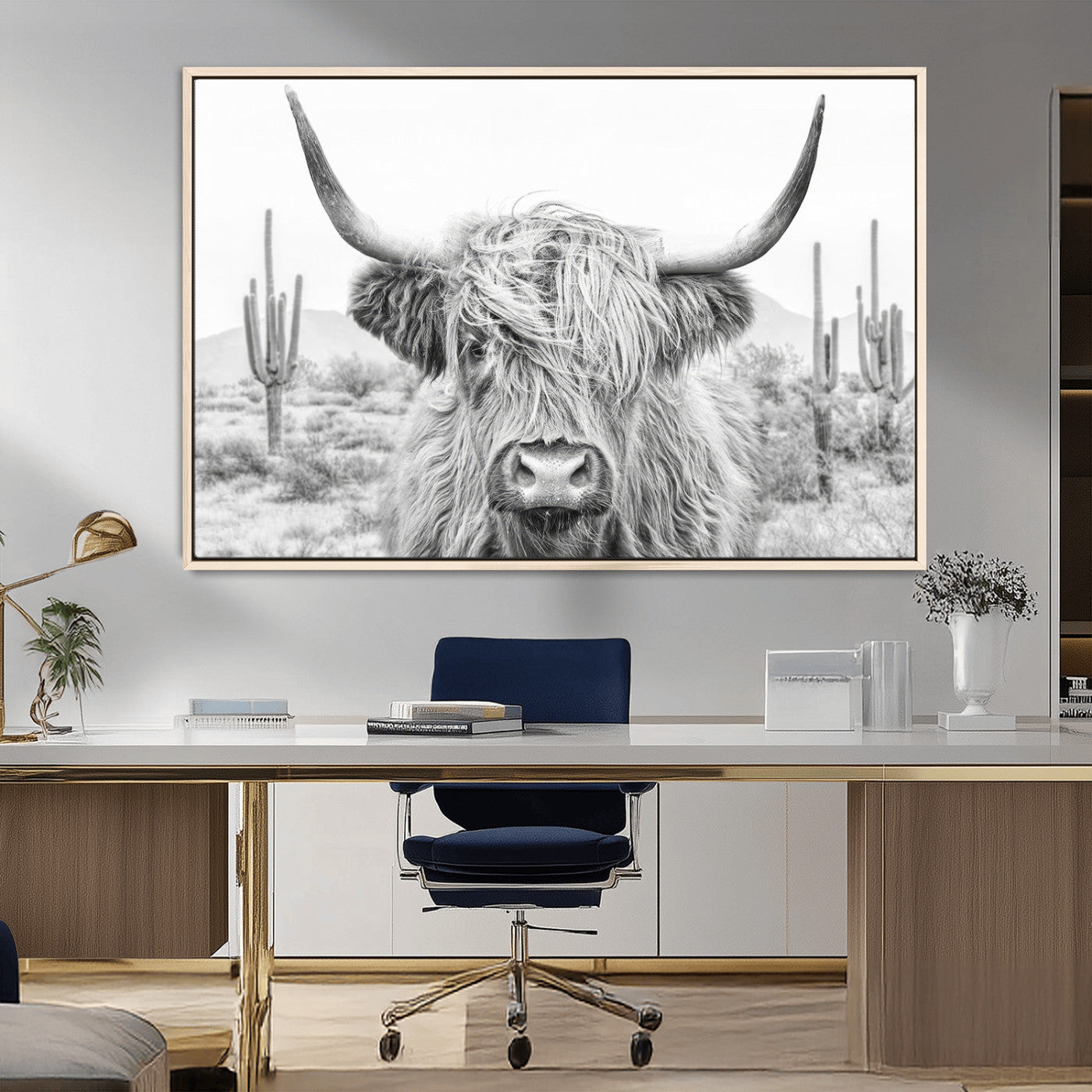 94579-MGV-FC-36X24_Natural-Rustic Charm | Cow Longhorn Black White Bighorn Wall Art Canvas Print | Farmhouse Wall Art