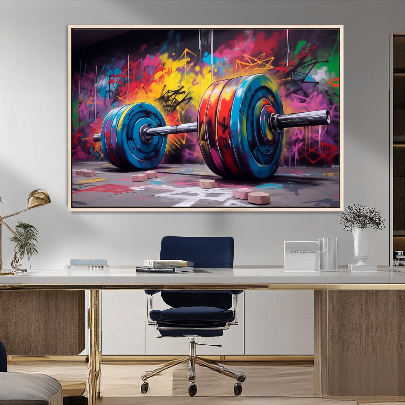 MGV-FC-36X24 - Abstract Graffiti Barbell Canvas Wall Art – Urban Fitness Meets Bold Street Art Print - Gym Wall Art Print