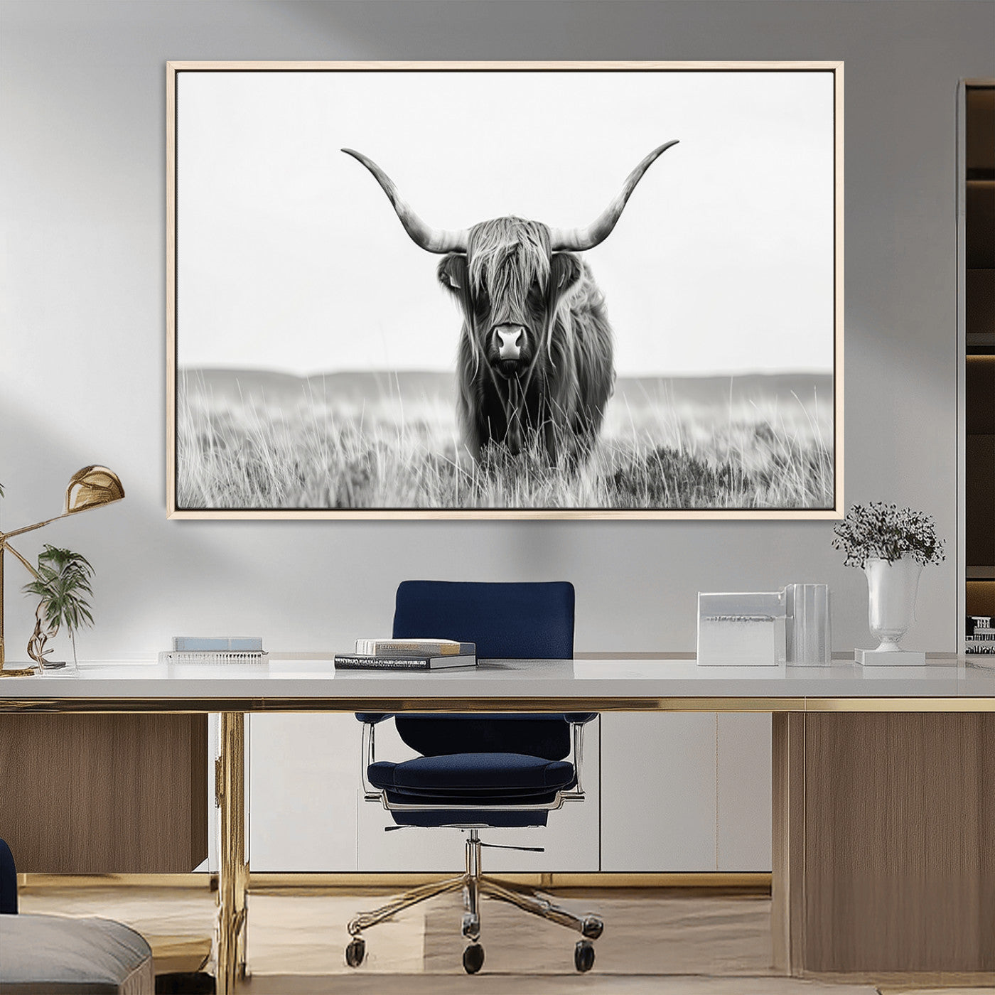 MGV-FC-36X24 - Highland Cow Canvas Wall Art – Majestic Beauty in Black and White