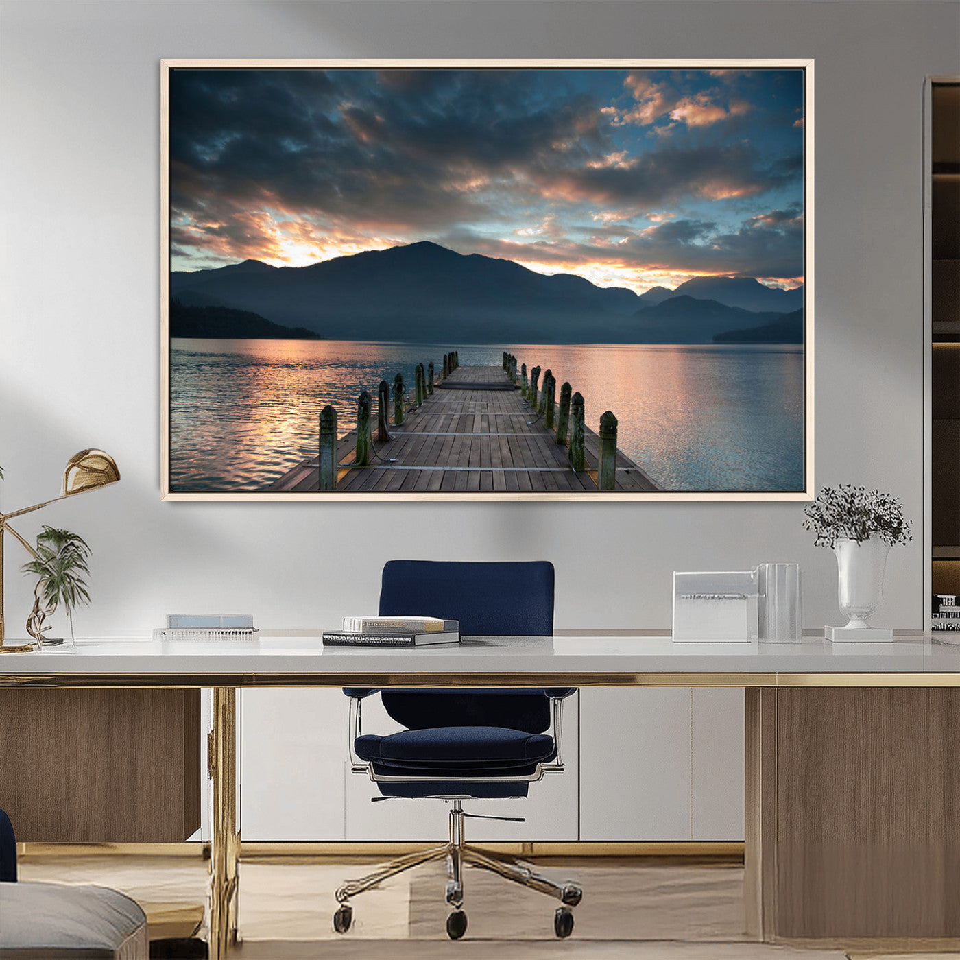 MGV-FC-36X24 - Mountain Lake Wood Pier Canvas Wall Art Nature Lake Print