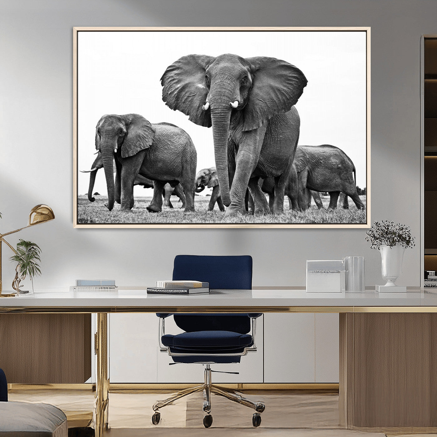 MGV-FC-36X24 - Black White Elephant Family Wall Art Canvas Print