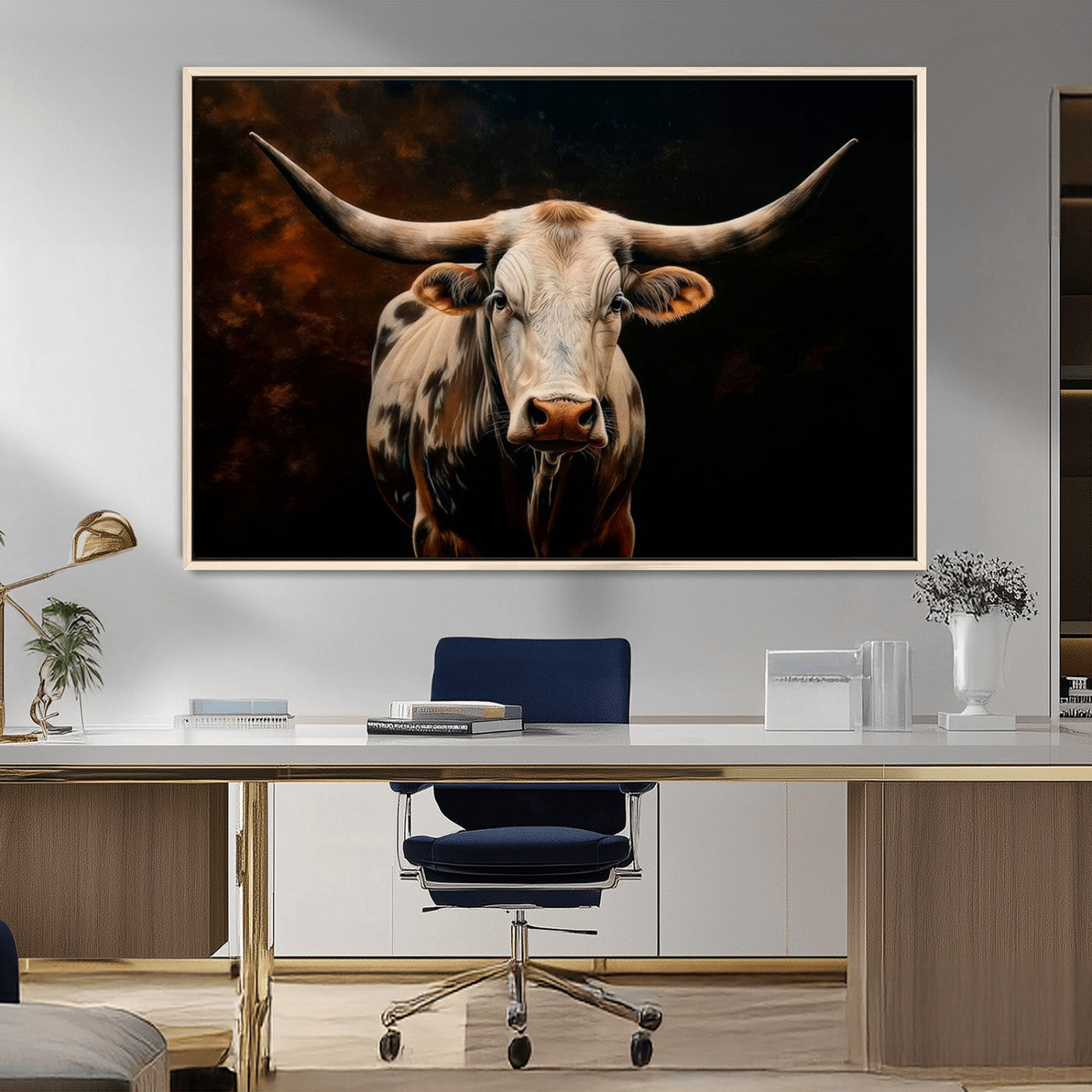 MGV-FC-36X24 - Texas Longhorn Wall Art | 3-Panel Large Texas Longhorn Canvas Print for Living Room, Office, or Farmhouse Decor | Framed Giclee Longhorn Wall Art