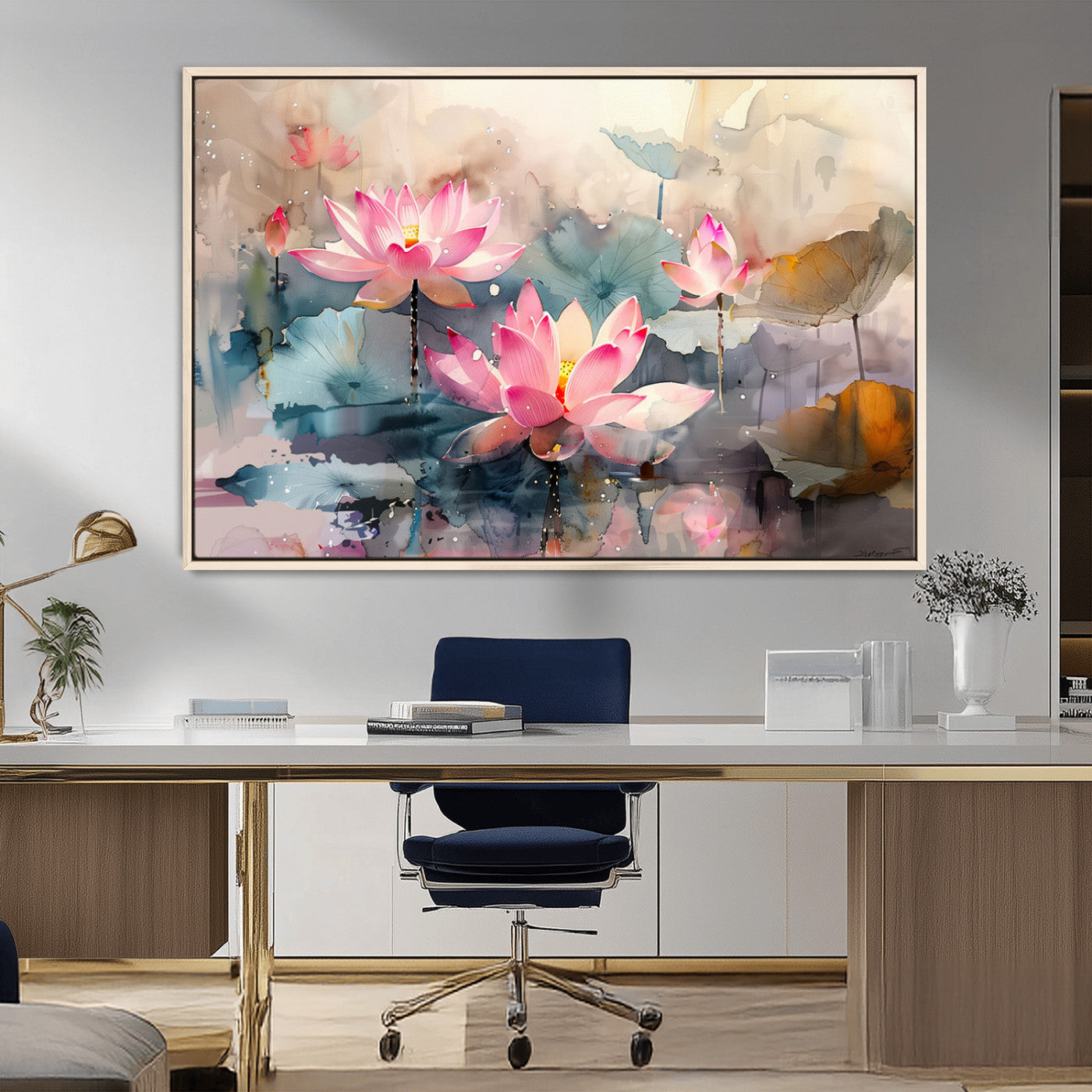 MGV-FC-36X24 - Lotus Flower Wall Art | 3-Panel Giclee Canvas Print of Pink Lotus Blossoms for Living Room, Bedroom, Office | Framed Lotus Floral Wall Art Decor Print