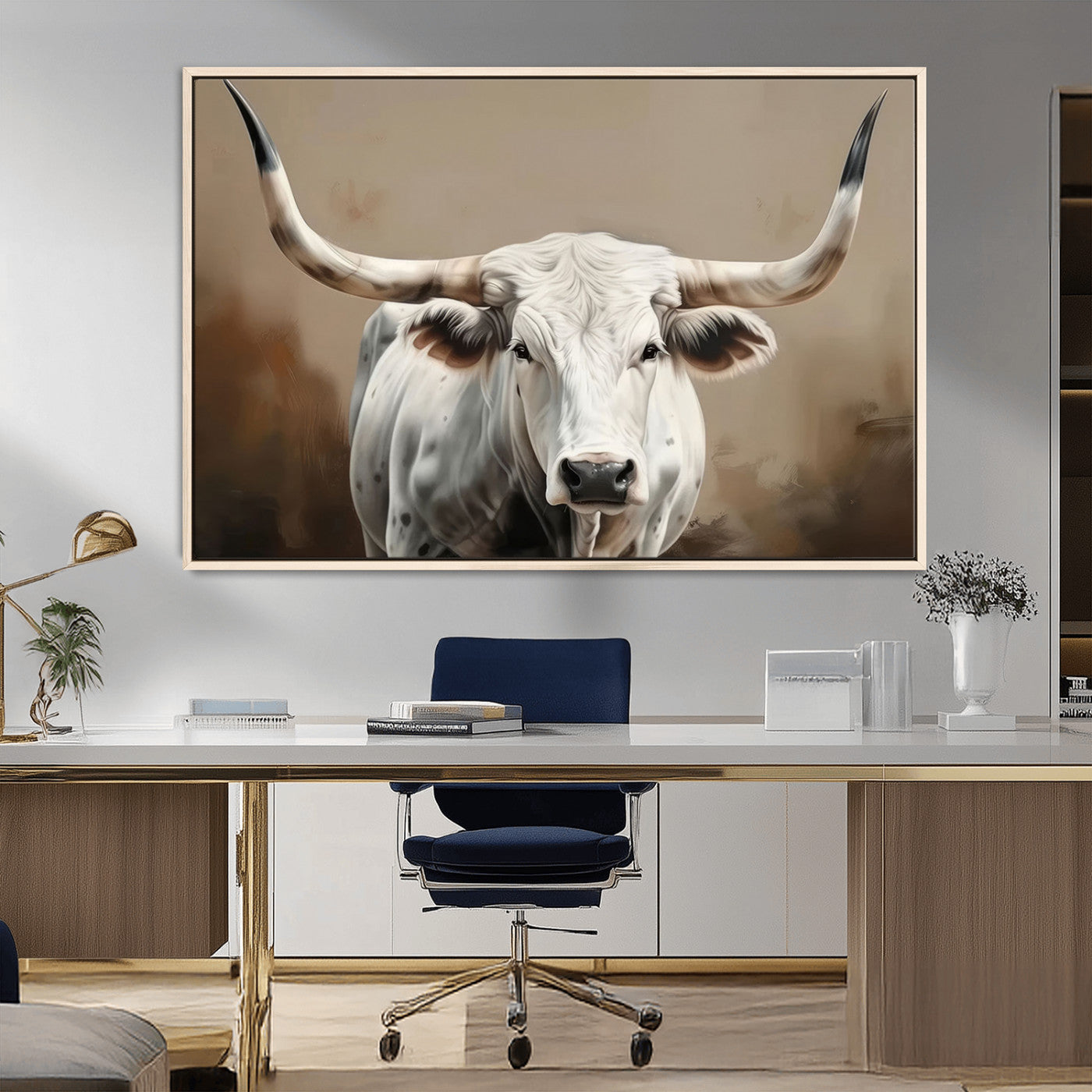 -White Longhorn Bull Wall Art Canvas Print – Framed and Ready to Hang – Perfect for Farmhouse and