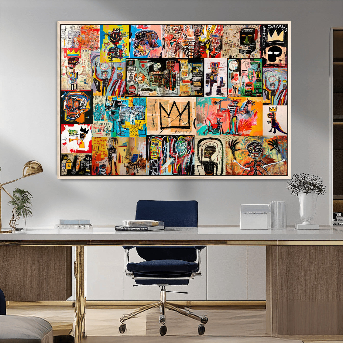 MGV-FC-36X24 - Basquiat Art Collage Wall Art Canvas Print – Framed, Ready to Hang, Urban Graffiti Style