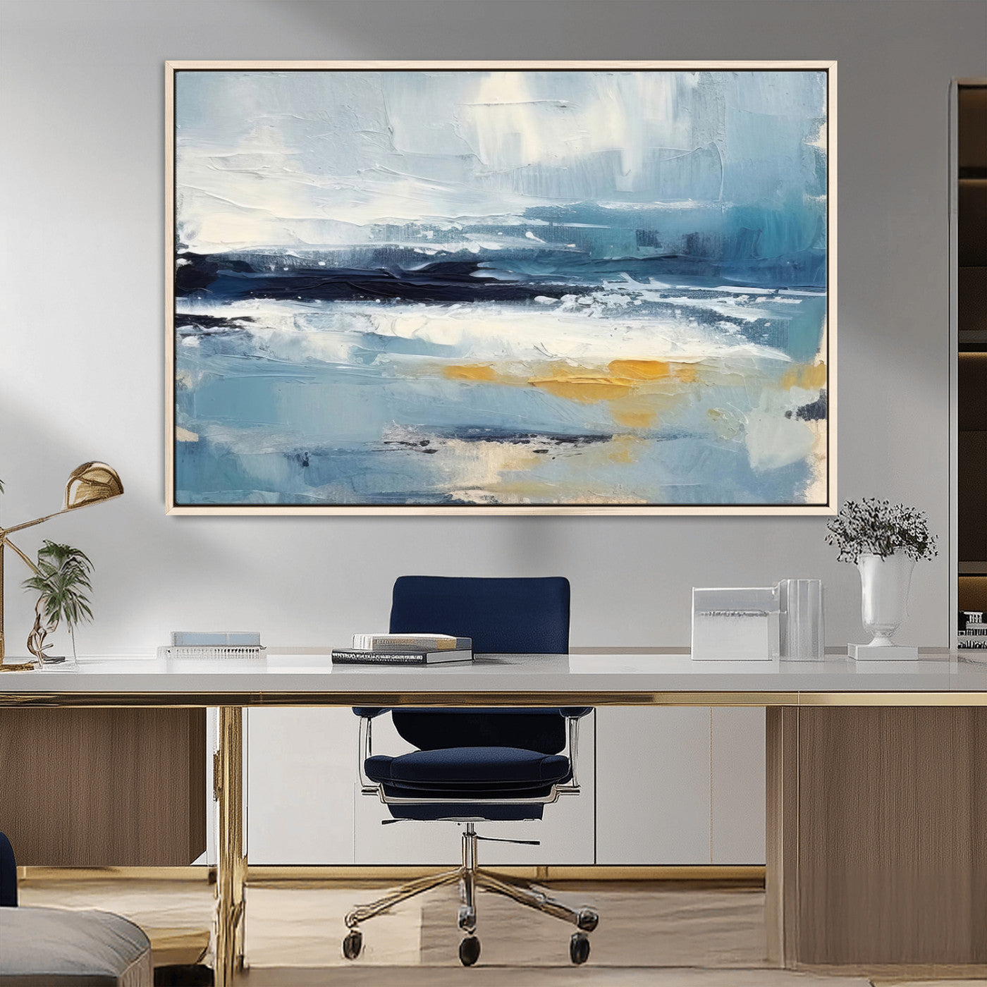 MGV-FC-36X24 - Abstract Ocean Canvas Wall Art - Coastal Blue and Gold Textured Painting, Modern Seascape Decor for Living Room Decor