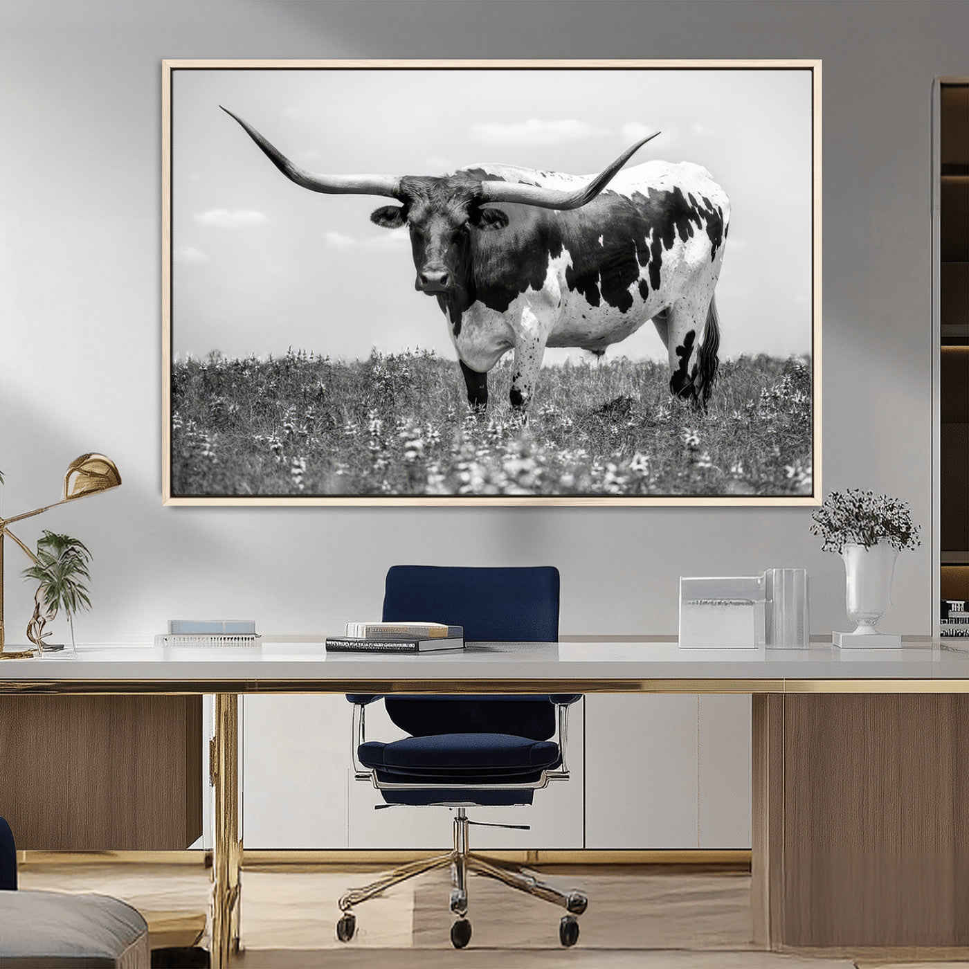 94709-MGV-FC-36X24_Natural-Texas Black White Highland Longhorn Cow Wall Art Canvas Print