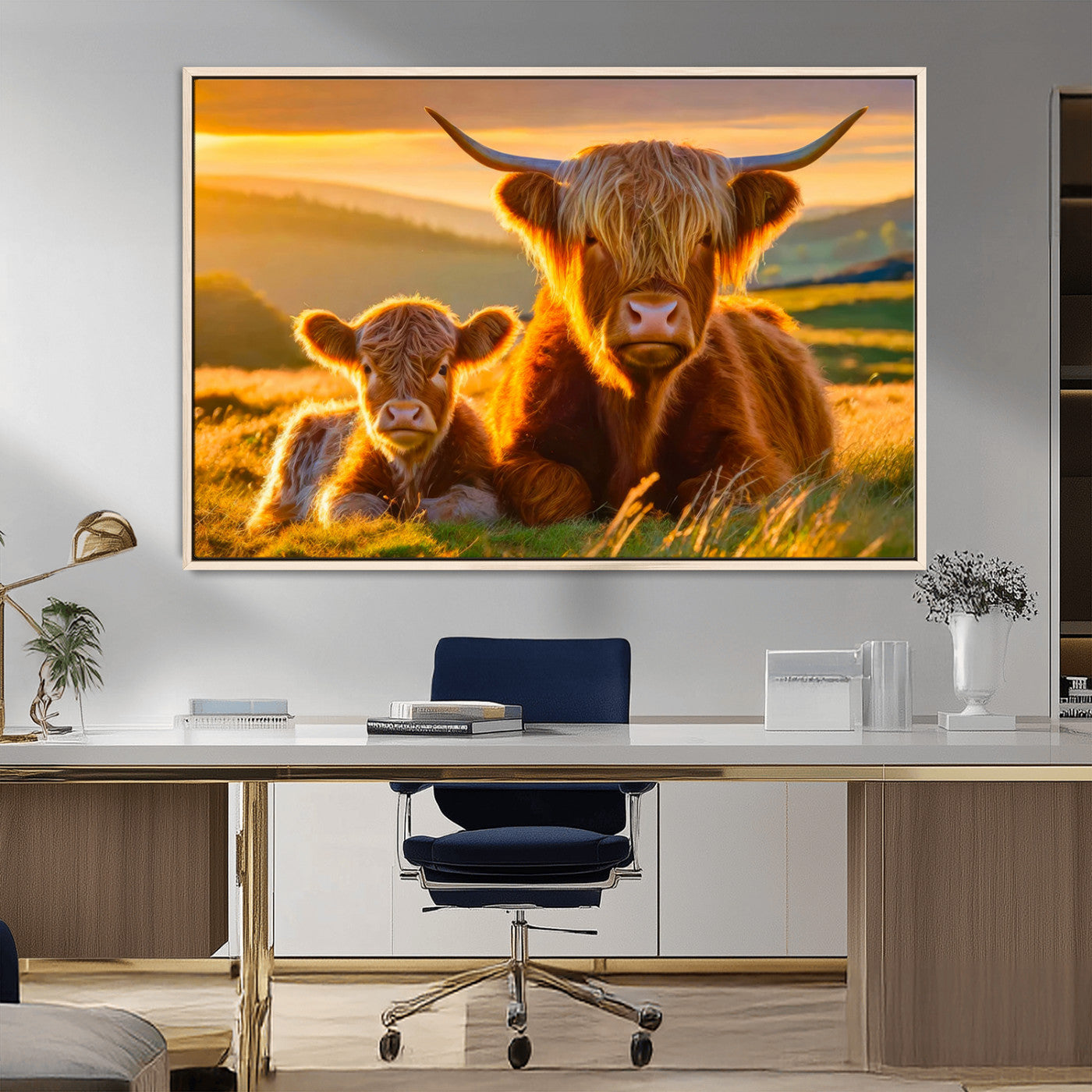 20567-MGV-FC-36X24_Natural-Scottish Cow and Baby Cow Canvas Wall Art Animal Print Fluffy Cattle Framed Farmhouse Decor