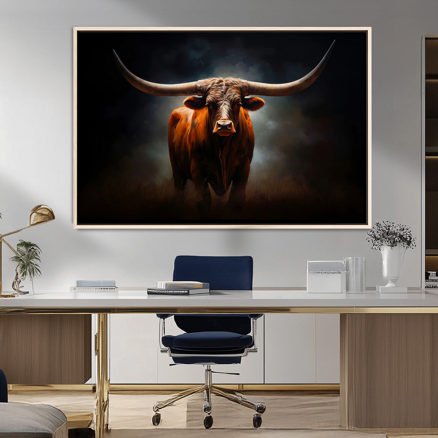 MGV-FC-36X24 - Abstract Texas Longhorn Wall Art Print | 3-Panel Large Texas Longhorn Canvas Print for Living Room, Office  Farmhouse Decor | Framed Longhorn Wall Art