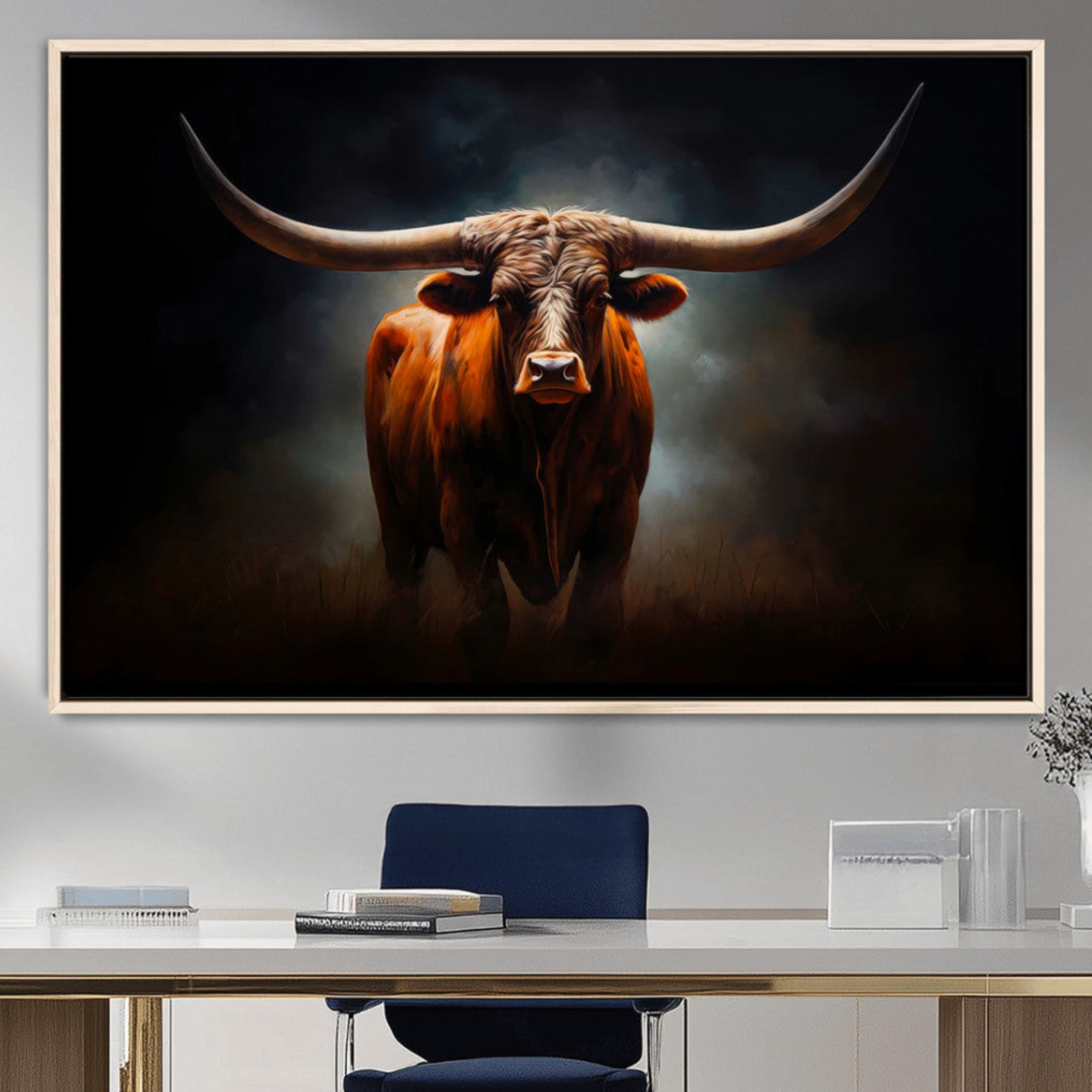 48896-MGV-CV-36X24-Abstract Texas Longhorn Wall Art Print | 3-Panel Large Texas Longhorn Canvas Print for Living Room,