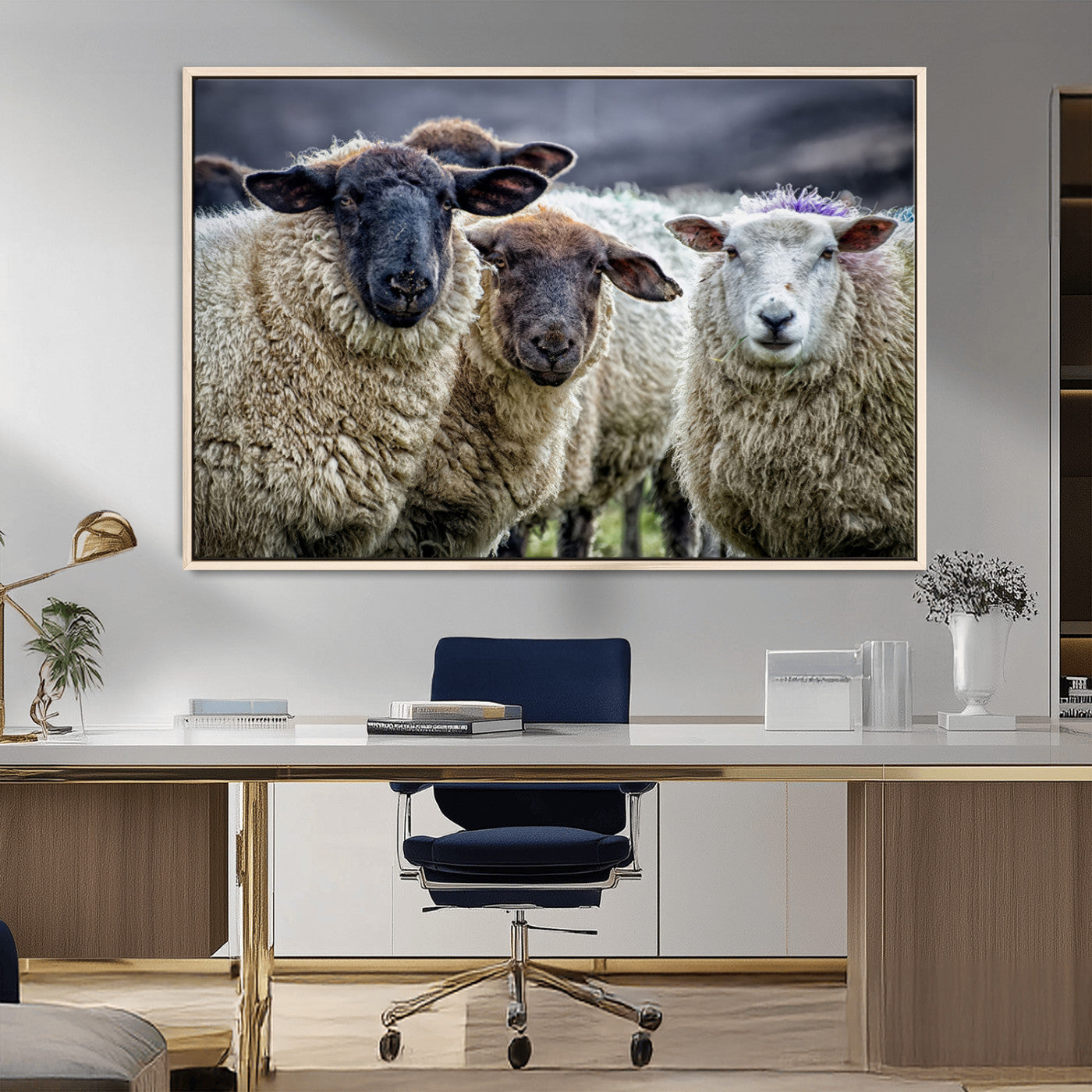 -Charming Sheep Portrait Wall Art – Trio of Woolly Companions Canvas Print, Framed, Ready to Hang