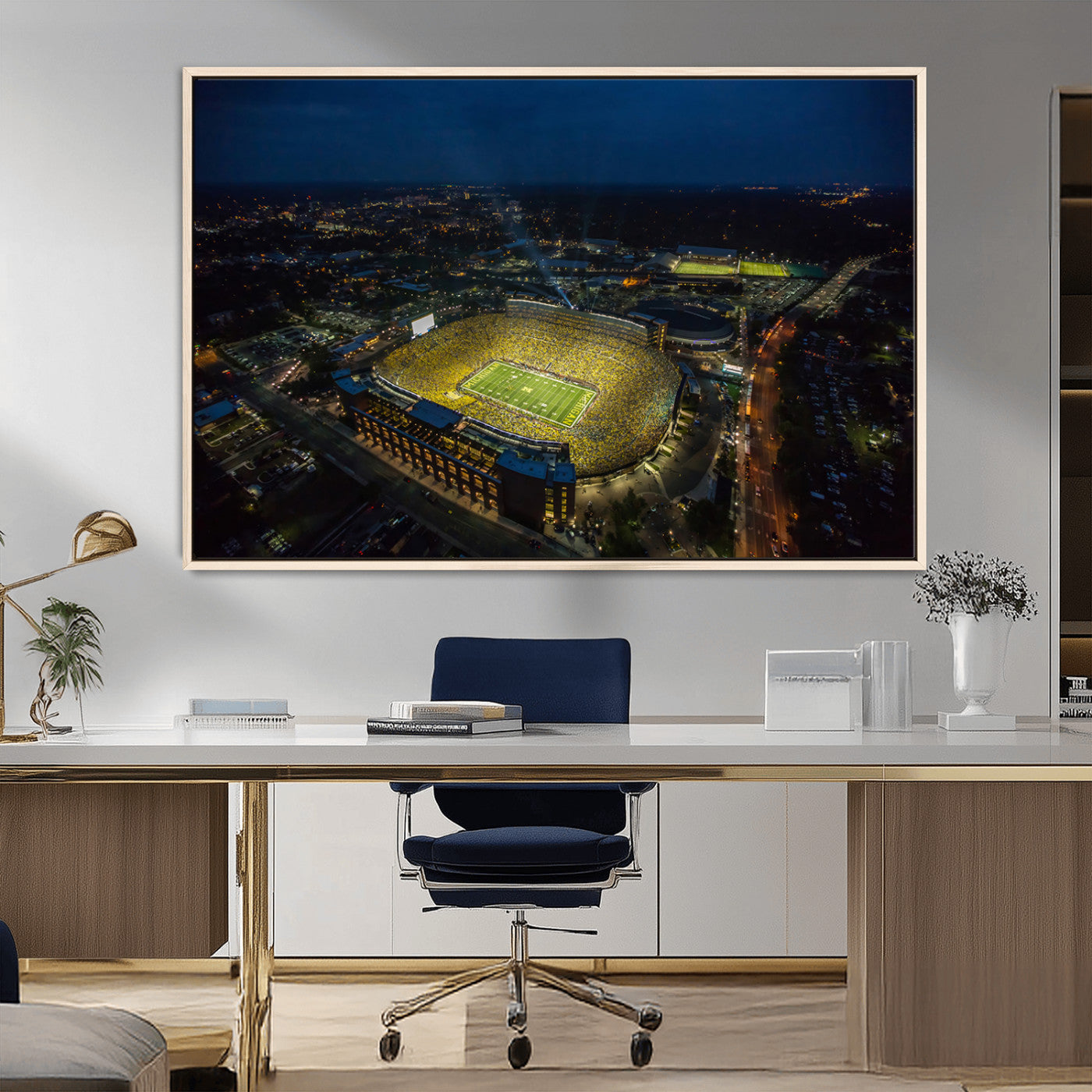 MGV-FC-36X24 - Michigan Stadium Night Game Wall Art – Sports Arena Aerial View Canvas Print, Framed, Ready to Hang