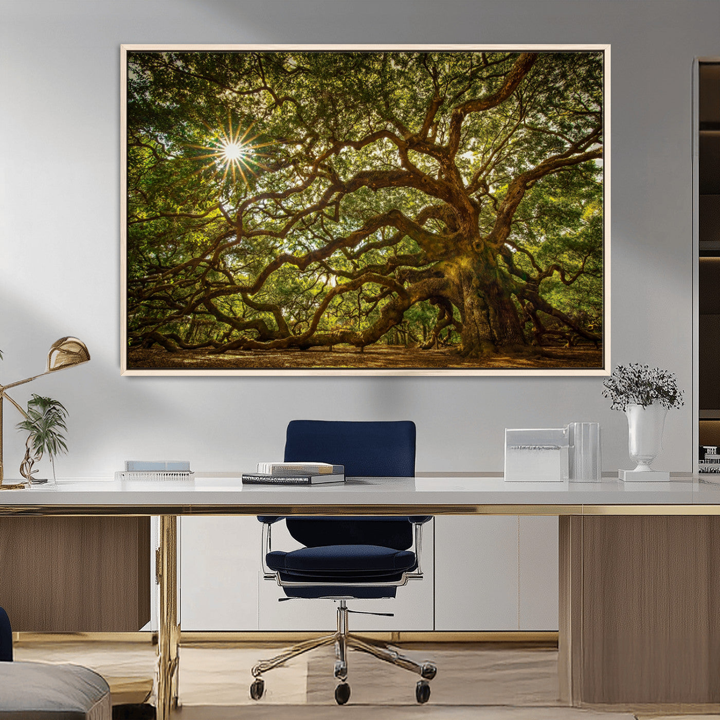 MGV-FC-36X24 - Ancient Angel Oak Tree Art Sunburst Canvas Print- Nature-Inspired Triptych Canvas Print, Framed, Ready to Hang
