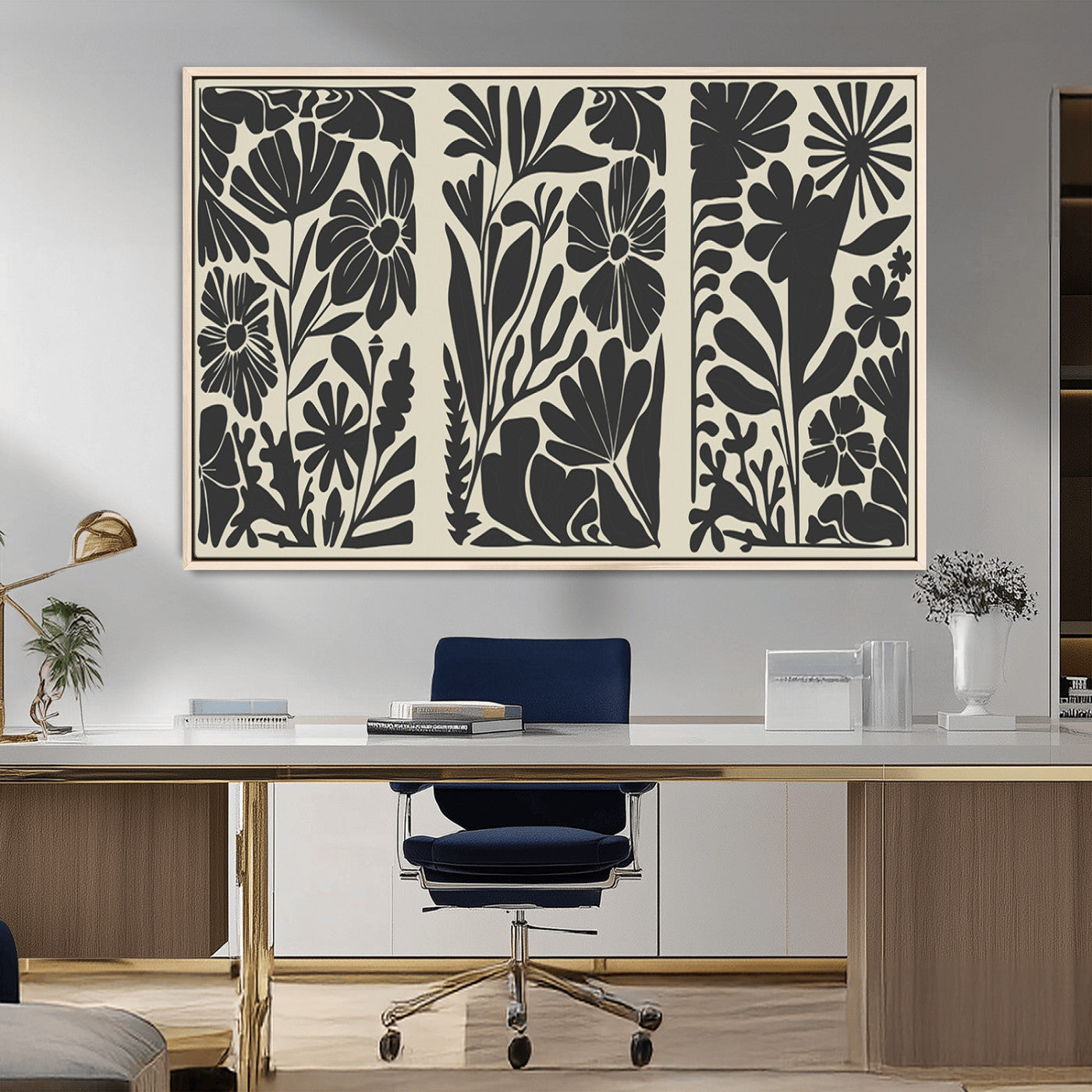 MGV-FC-36X24 - Modern Botanical Wall Art - Floral Black and White Canvas Print, Framed, Ready to Hang