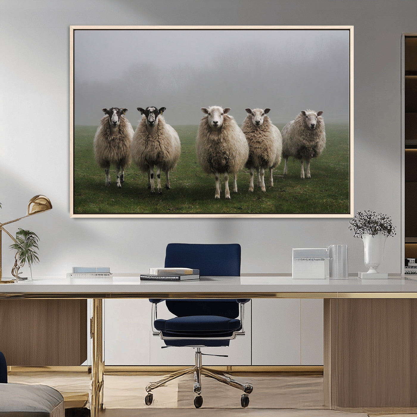 87339-MGV-FC-36X24_Natural-Flock of Sheep in a Mystical Fog – Pastoral Wall Art Canvas Print, Framed, Ready to Hang