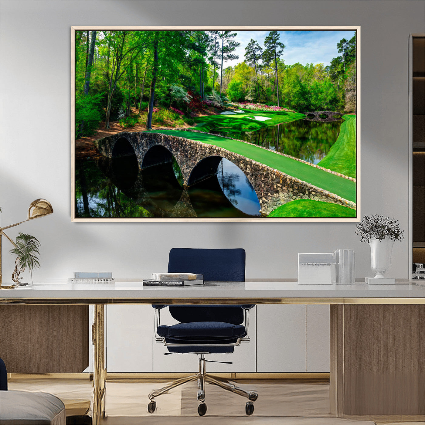 MGV-FC-36X24 - Augusta National Golf Club Wall Art - Panoramic Bridge & Lush Greenery – Premium Framed, Ready-to-Hang Triptych Canvas