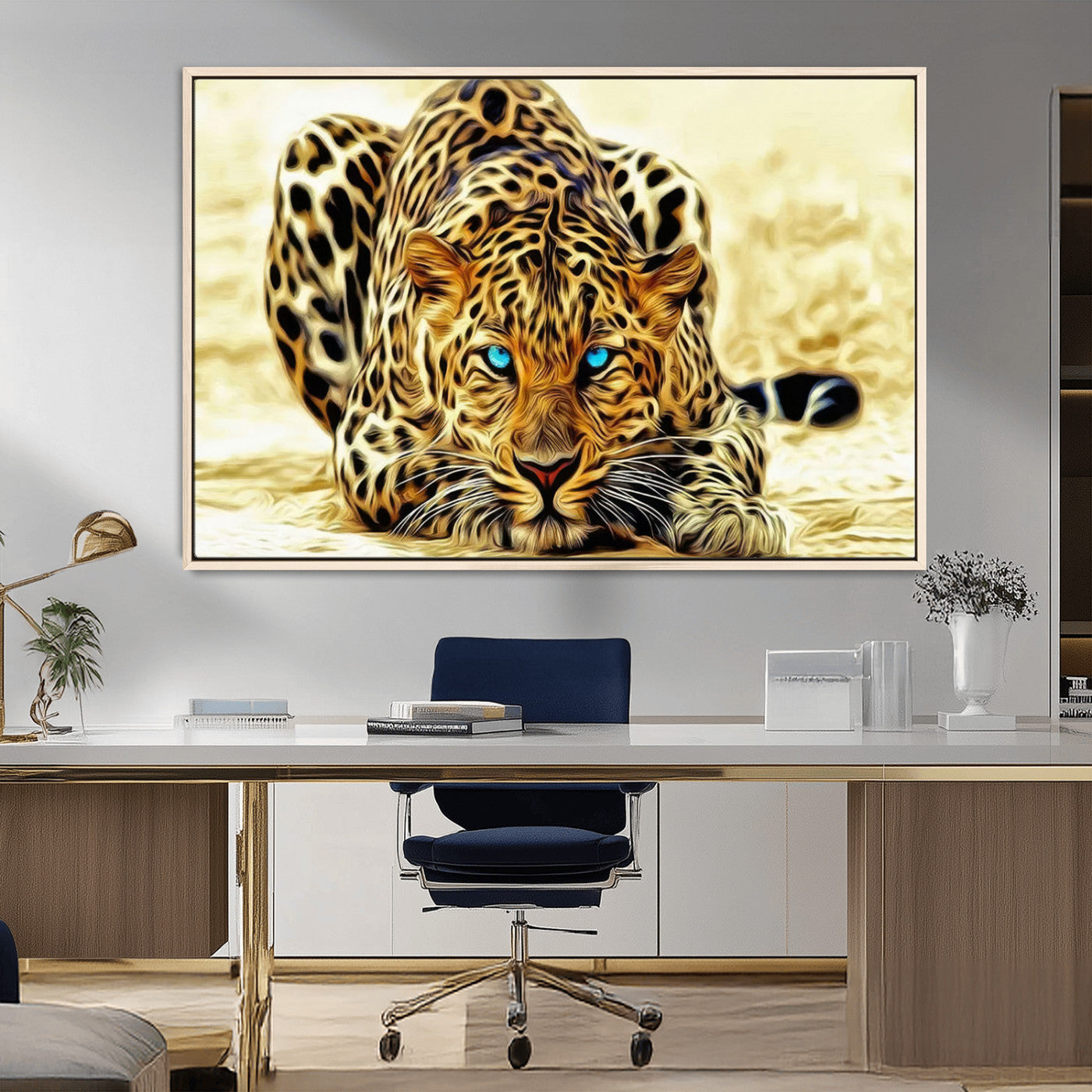 45281-MGV-FC-36X24_Natural-Blue-Eyed Leopard Canvas Wall Art - Framed Animal Print Ready to Hang - Fierce and Bold Decor for