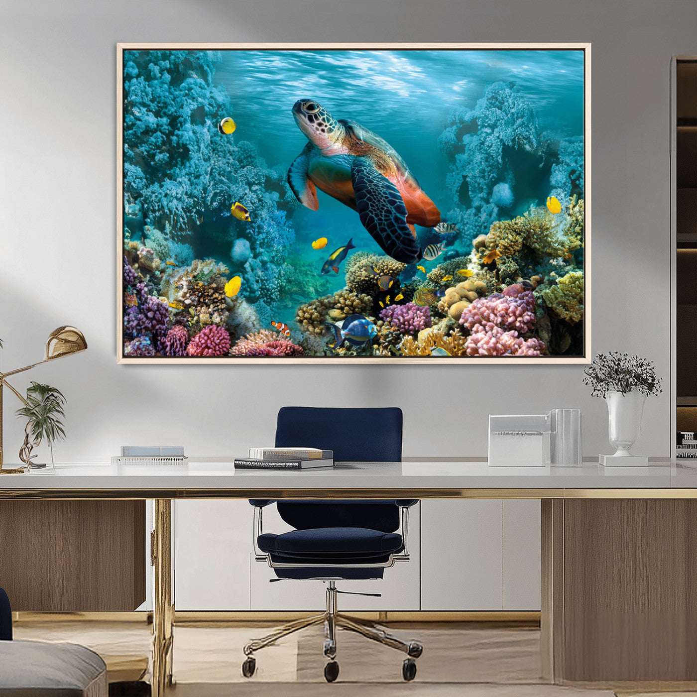 MGV-FC-36X24 - Sea Turtle and Coral Reef Triptych Wall Art – Vibrant Underwater Scene Canvas Set for Ocean Lovers and Coastal Decor – Ready to Hang 3-Panel Artwork