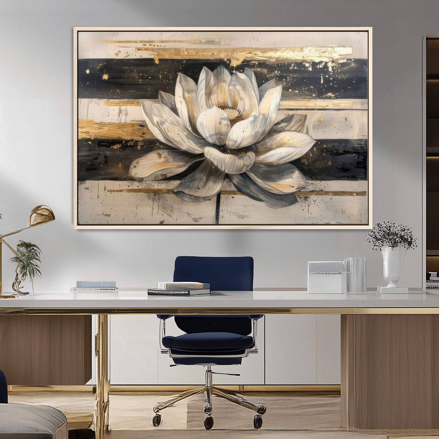 MGV-FC-36X24 - Lotus Flower Wall Art Canvas Print, Framed Abstract Lotus Art Picture Print, White Lotus Flower Perfect Abstract Floral Decor Artwork
