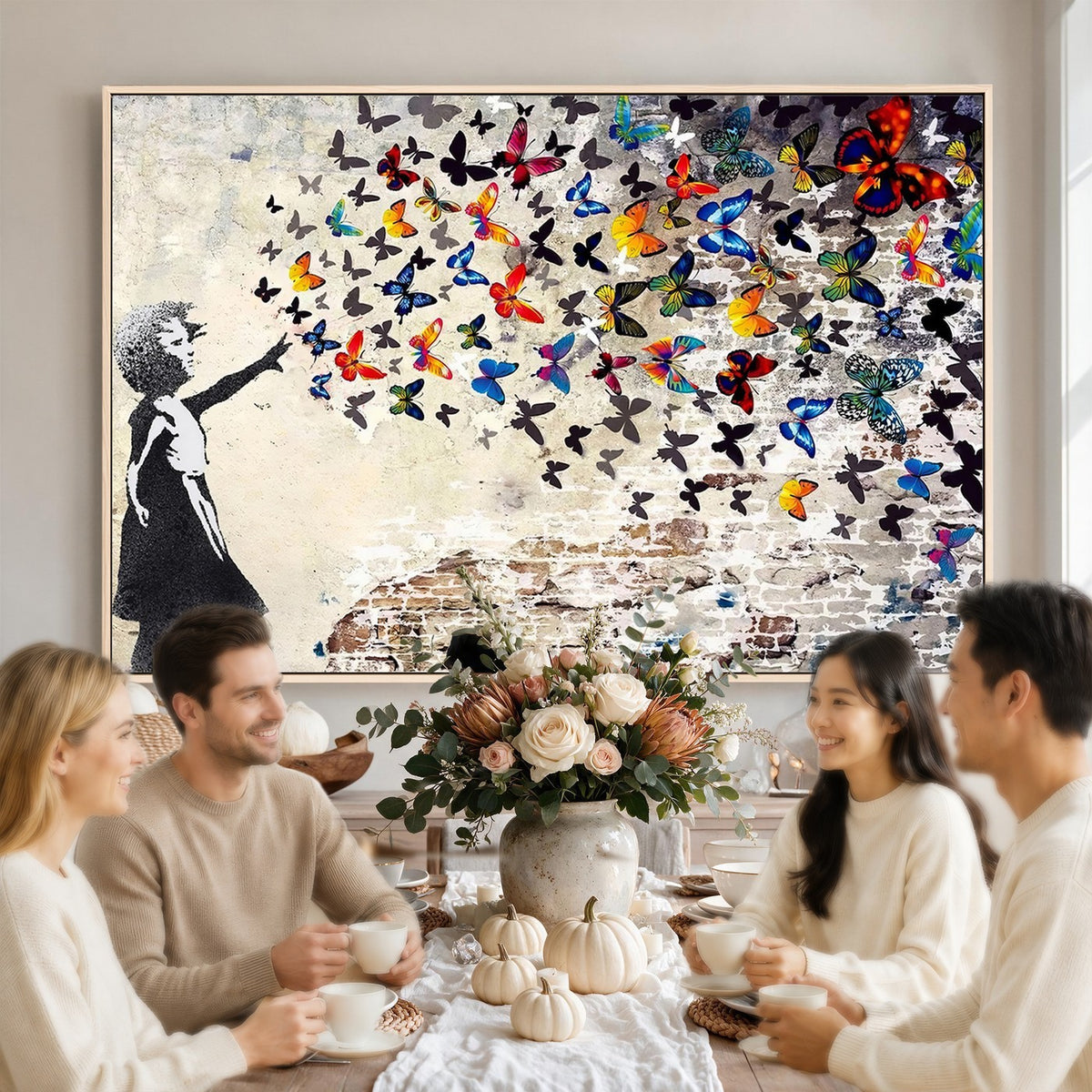 97895-MGV-CV-24X16 - Banksy Graffiti Wall Art Canvas Print, Girl Releasing Vibrant Butterflies