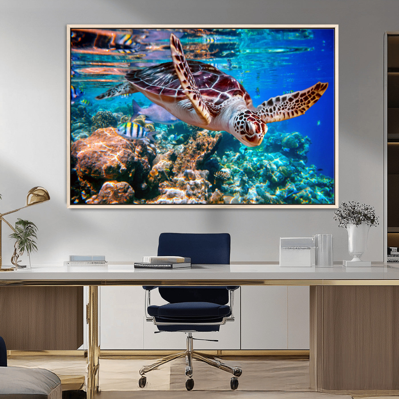 MGV-FC-36X24 - Underwater Coral Reef Sea Turtle Wall Art Canvas Print, Vibrant Marine Life | Colorful Ocean Scene