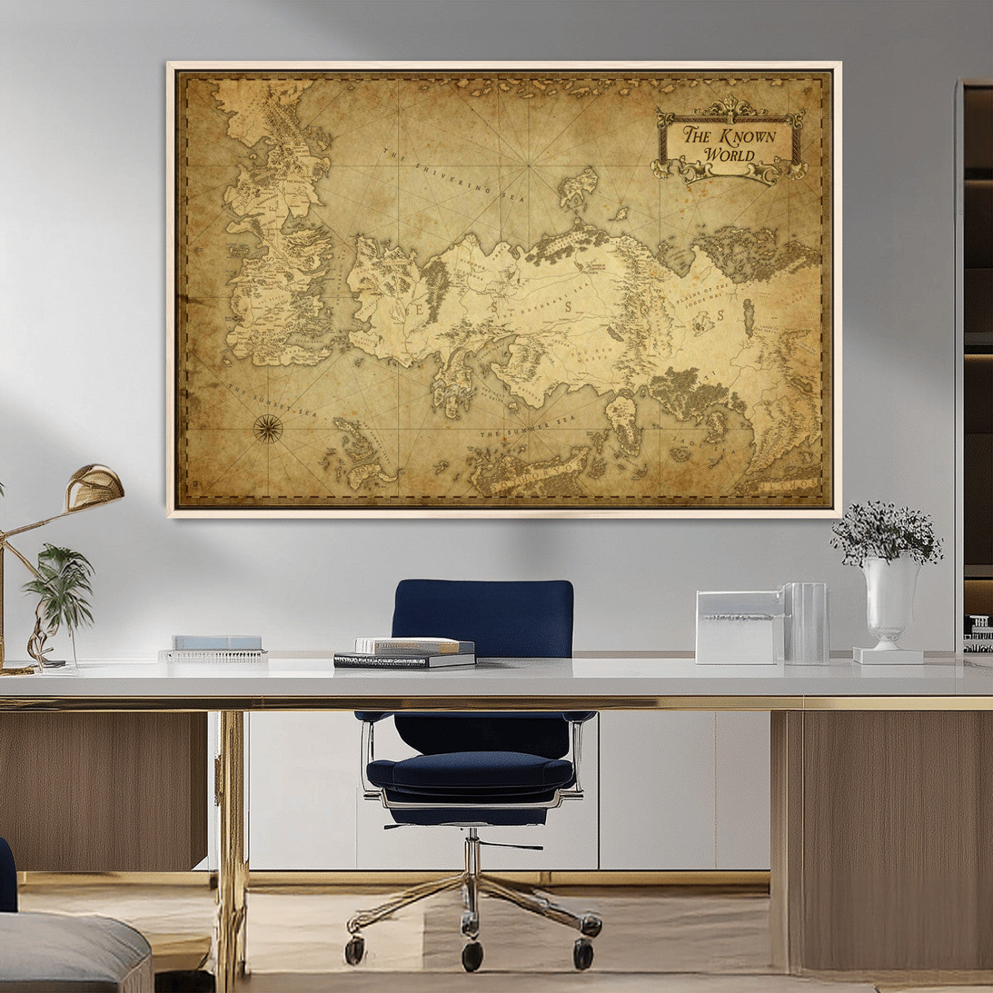 MGV-FC-36X24 - Vintage Game of Thrones Map Wall Art | Westeros and Essos Antique Style Print | The Known World in Triptych Canvas | Giclee Canvas for Fantasy Lovers