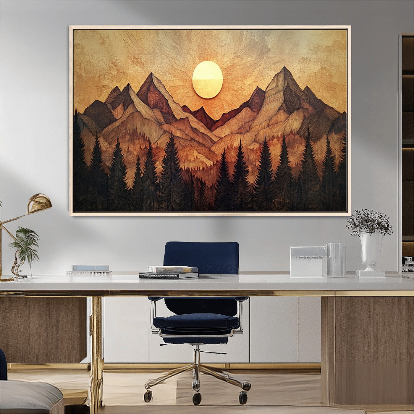 MGV-FC-36X24 - Wood Style Abstract Mountain Sunset Canvas Wall Art Print - Warm Earth Nature-Inspired Decor for