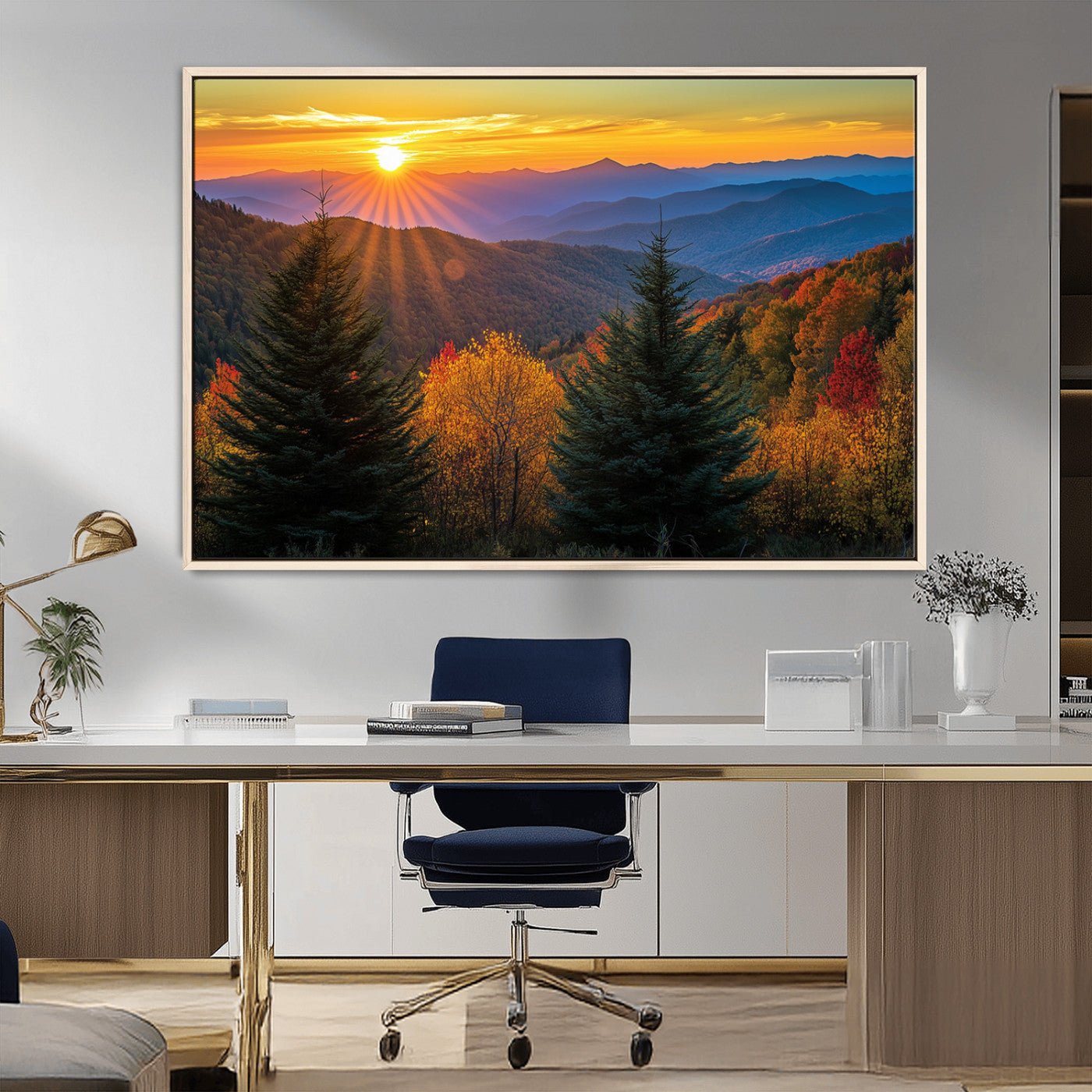 MGV-FC-36X24 - Golden Sunset Over Mountain Forest Canvas Wall Art Print - Warm Nature-Inspired Landscape for Living