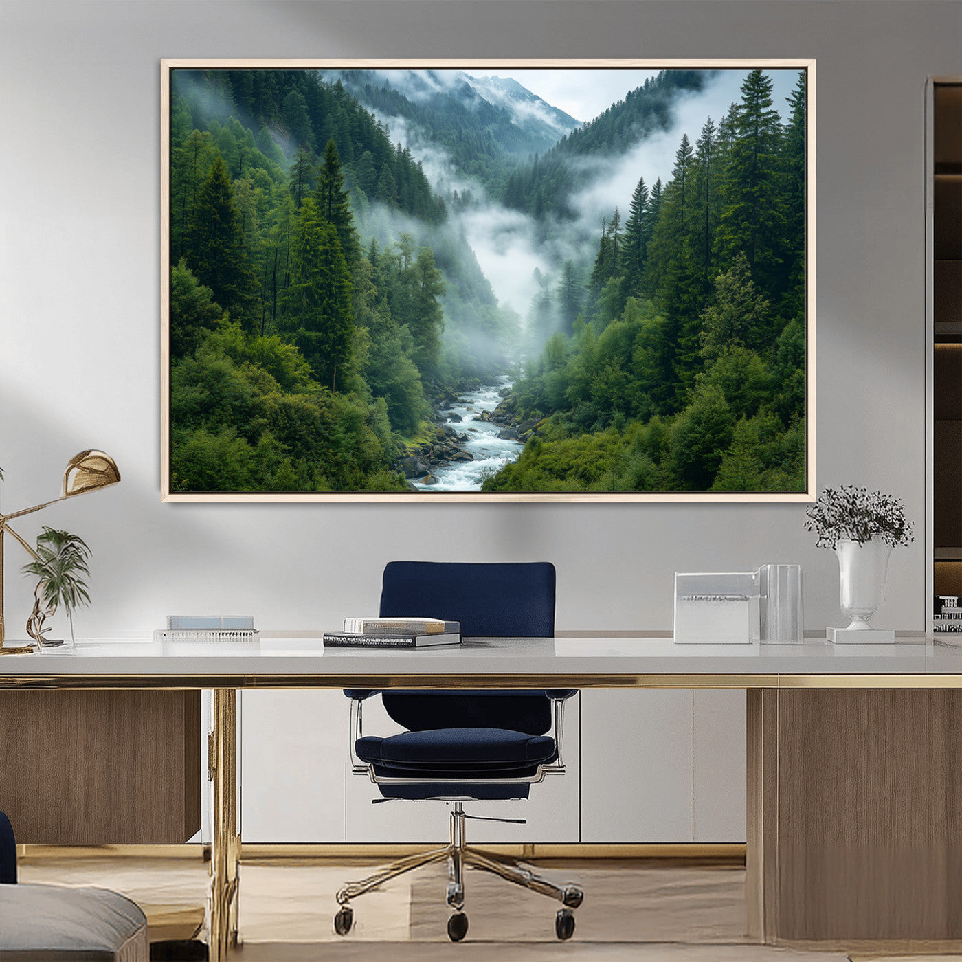 MGV-FC-36X24 - Mountain Forest River Canvas Wall Art Print - Serene Nature Landscape for Living Room, Office, or
