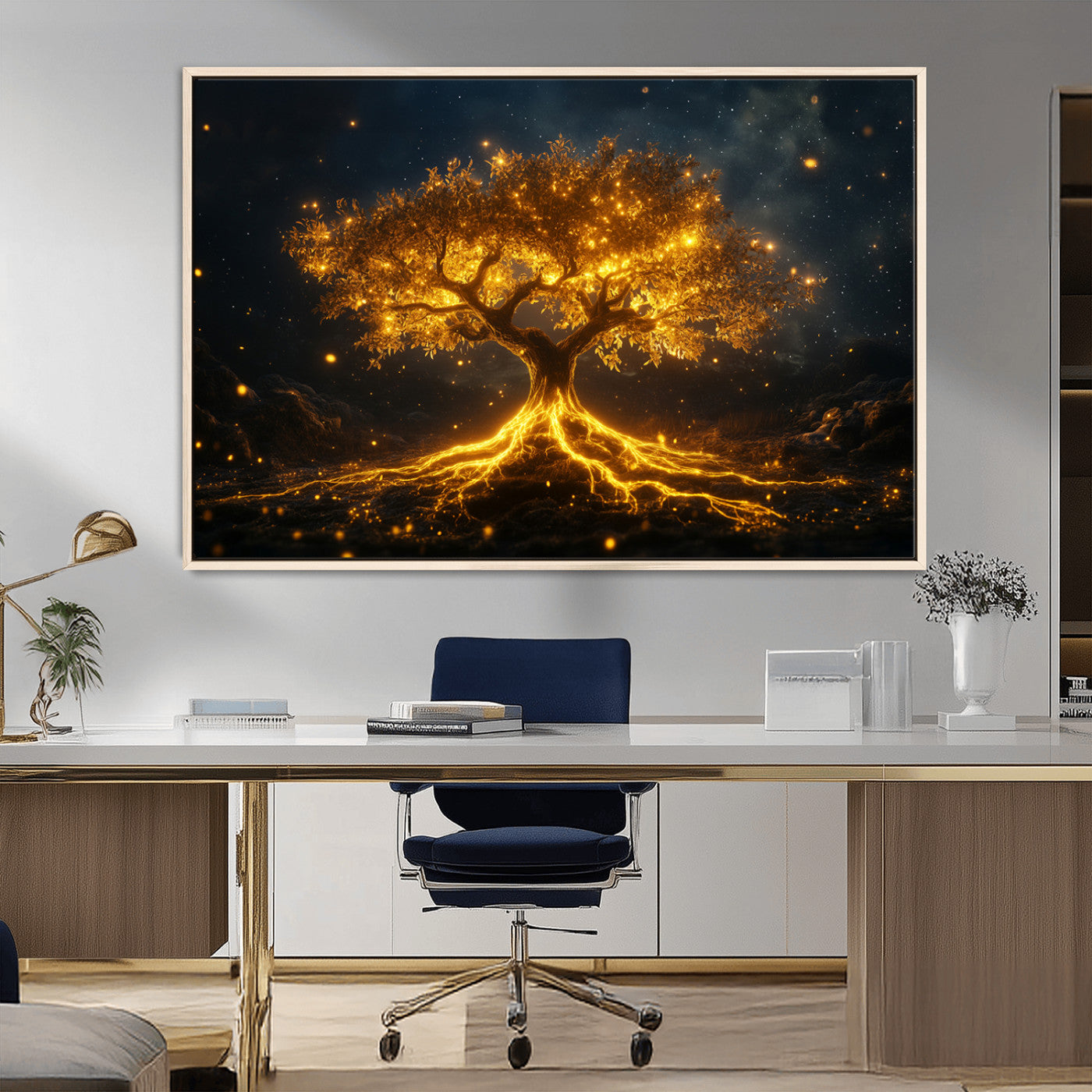 MGV-FC-36X24 - Golden Tree of Life Canvas Wall Art Print - Majestic Glowing Tree Design for Living Room, Office, or