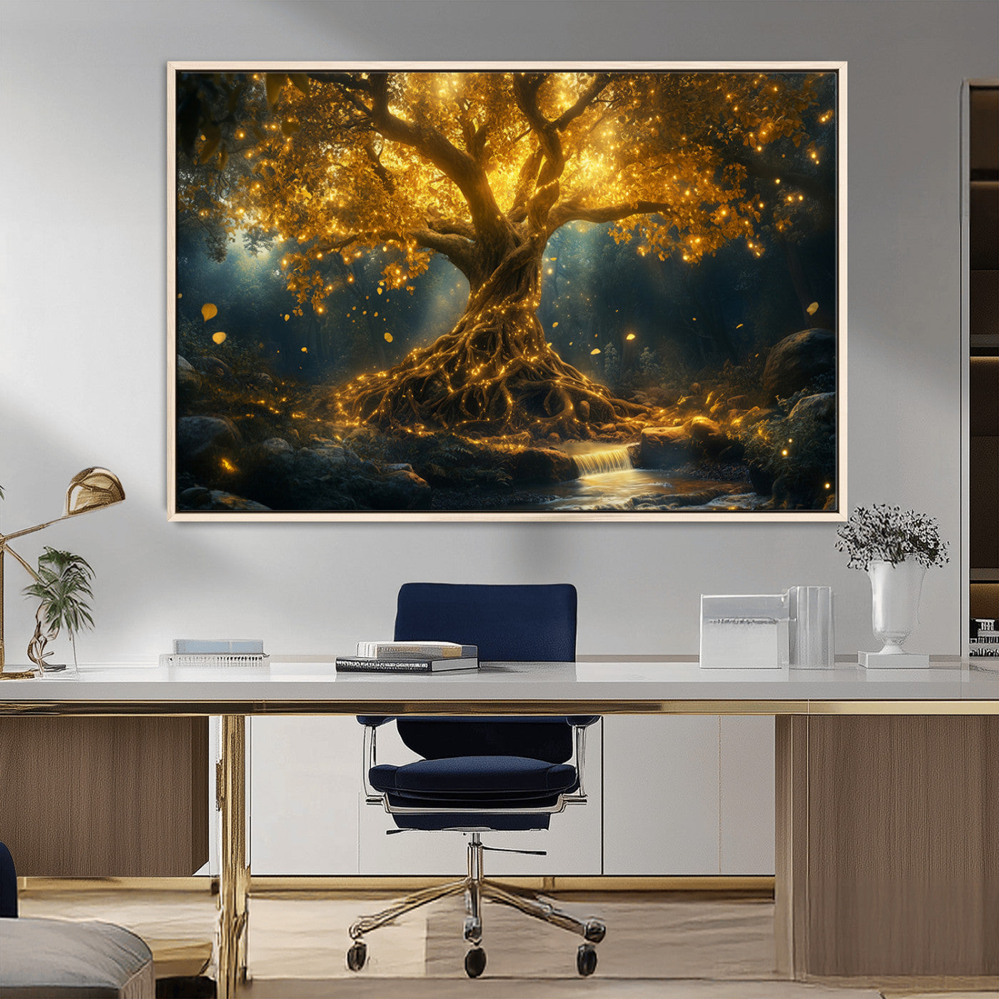 MGV-FC-36X24 - Golden Tree of Life Canvas Wall Art Print - Majestic Glowing Tree Wall Art Print