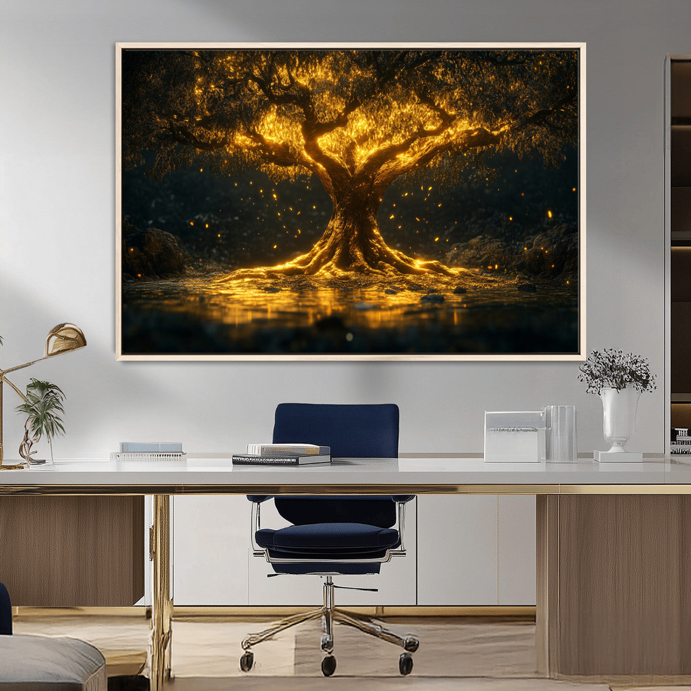 MGV-FC-36X24 - Golden Tree of Life Canvas Wall Art Print - Majestic Glowing Tree Wall Art Print